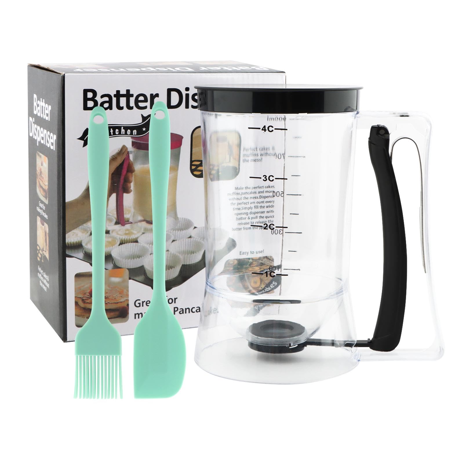 Pancake Batter Dispenser with Squeeze Handle, Cupcake Batter Dispenser with Oil Brush & Scraper for Precise Portion Control, Bak
