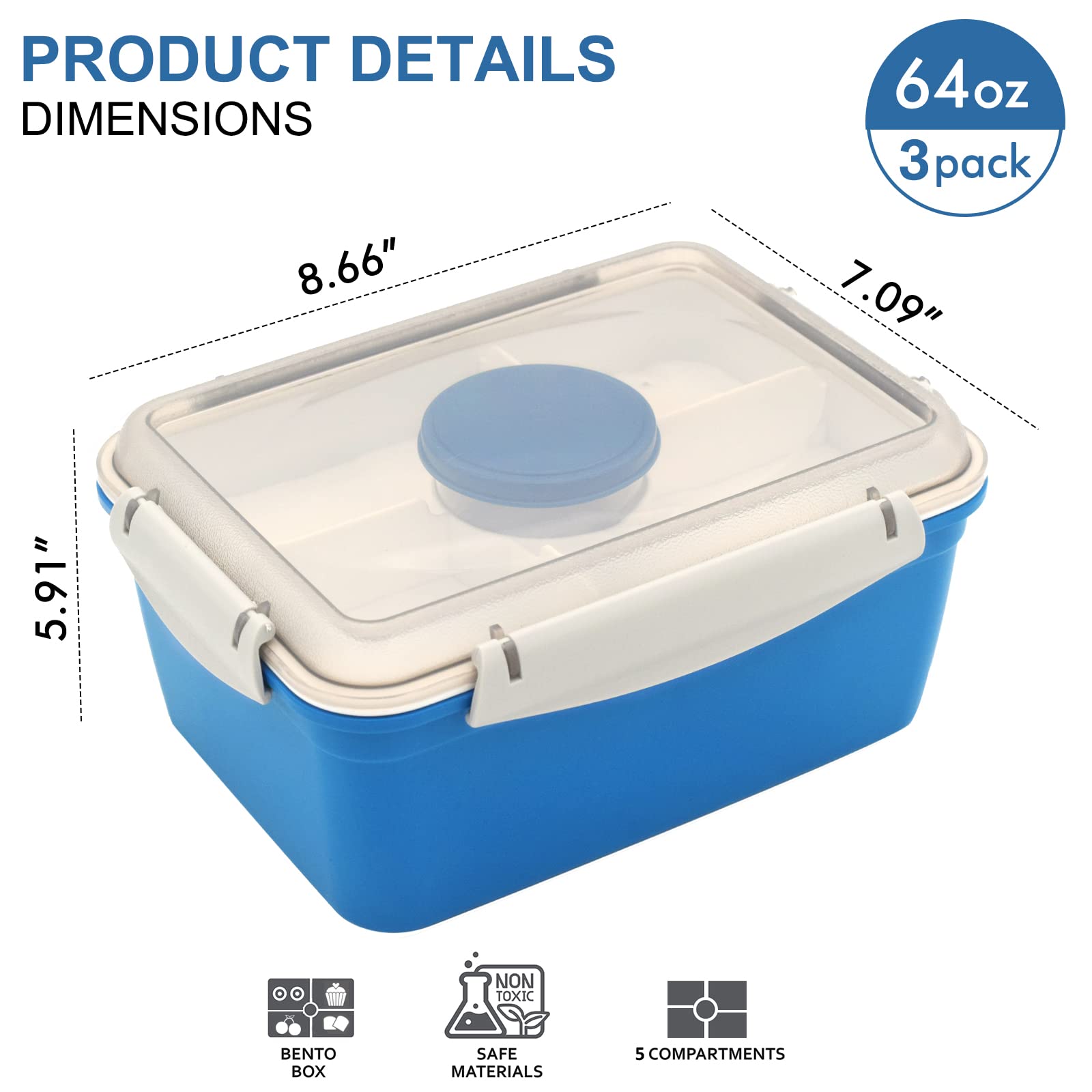 Shopwithgreen 64 Oz Salad Containers To Go For Lunch (3 Pack), Bento Box With Dressing Pots & 5-Compartment Removable Tray, Micr