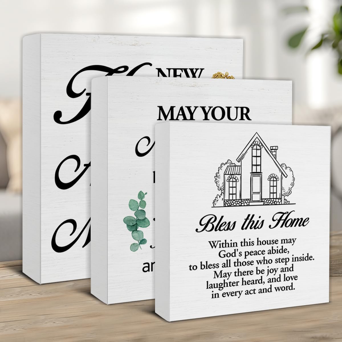 Nvhai 3 Pcs New Home Wood Signs Decor Housewarming Gifts New Home Owner Gifts New Home New Memories Bless This Home Wooden Block