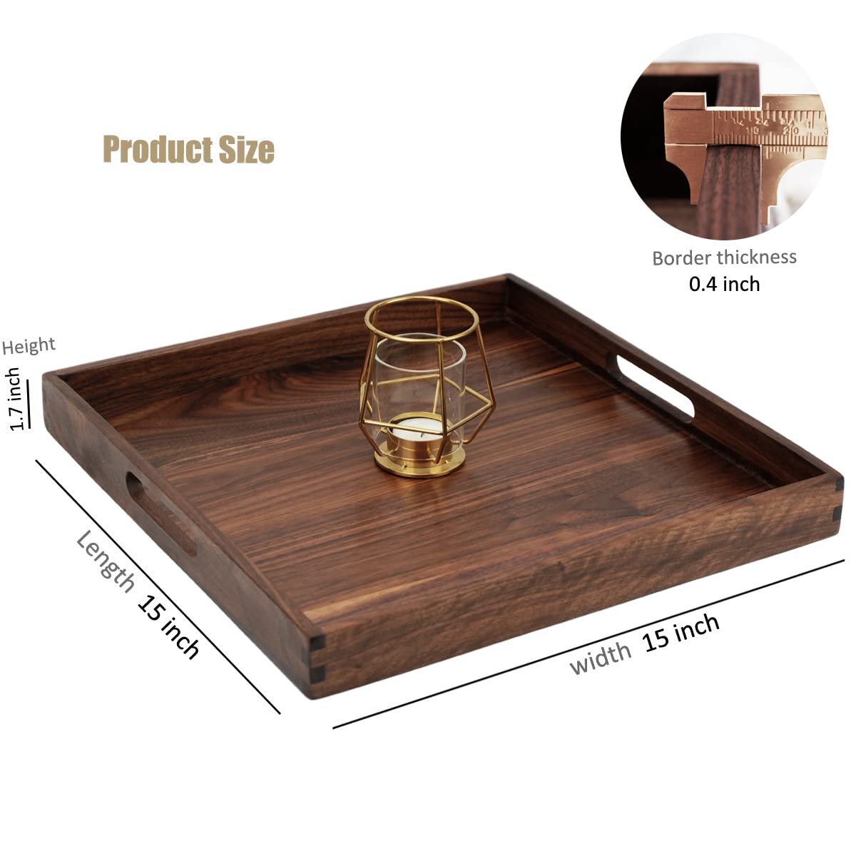 Magigo 15 X 15 Inches Medium Square Black Walnut Wood Ottoman Tray With Handles, Serve Tea, Coffee Classic Wooden Decorative Ser