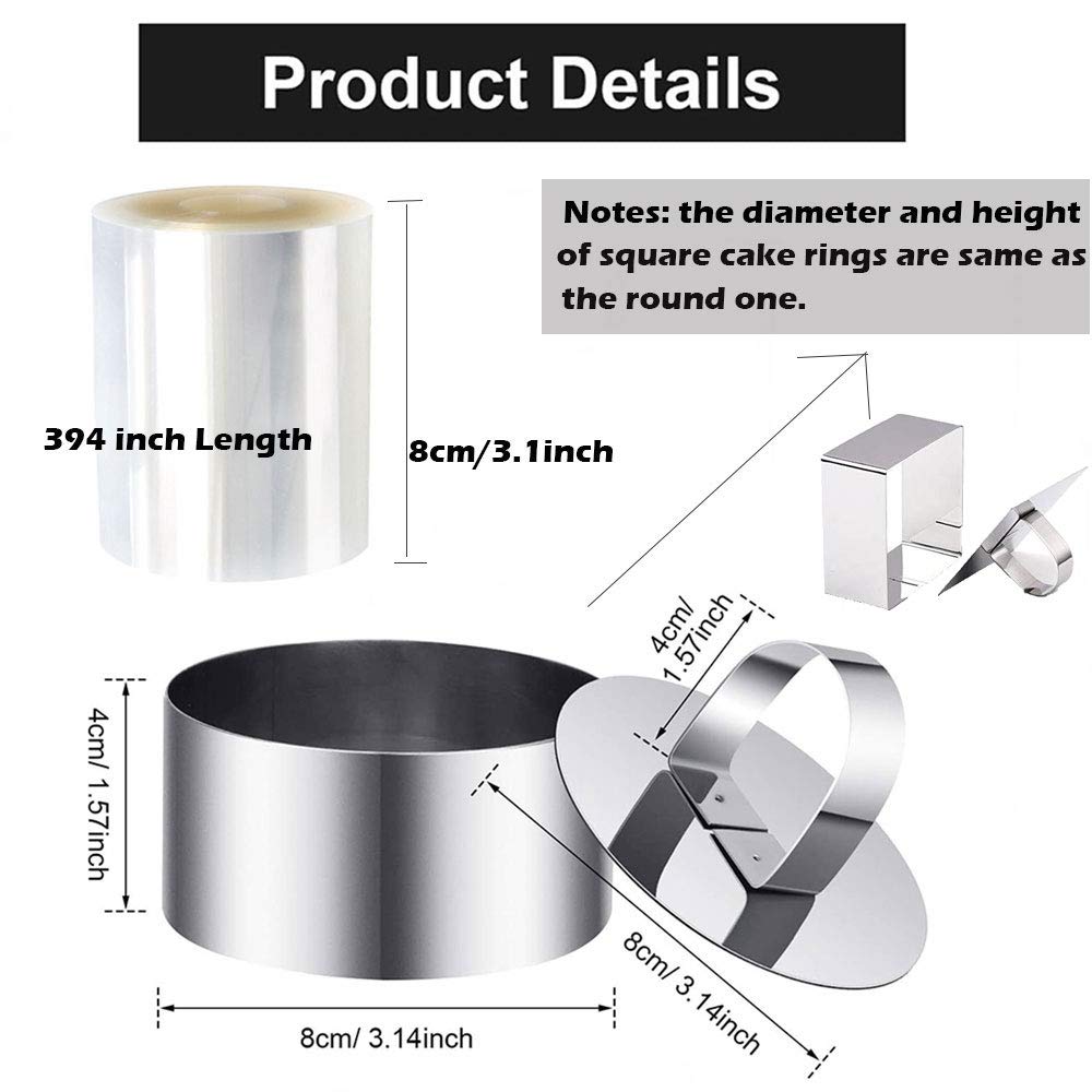 Datanya 9Pack 3.15 Food Rings Molds With 3 Inch Cake Collars Stainless Steel Cake Rings Round & Square Cooking Ring Molds With P