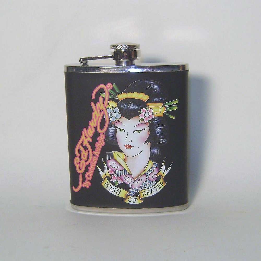 Don Ed Hardy Kiss of Death Geisha Leather Wrapped Metal Flask