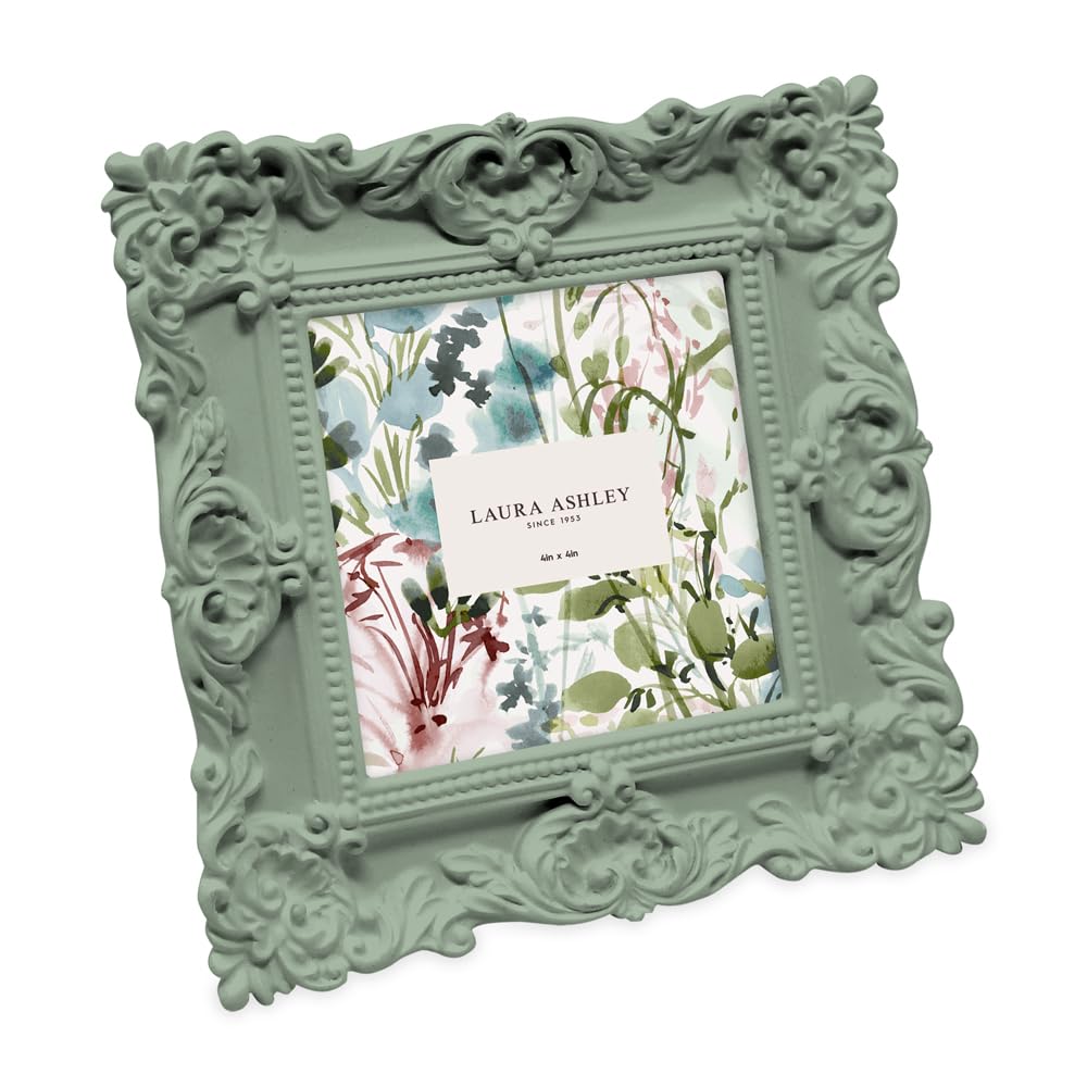 Laura Ashley 4x4 Matt Rosemary Ornate Textured Hand-Crafted Resin Picture Frame with Easel, for Tabletop & Wall Display, Decorat
