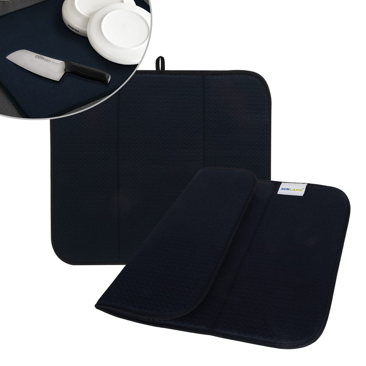 Sinland Microfiber Dish Drying Mat Super Absorbent Dish Drying Rack Pads Kitchen Counter Mat 16X18Inch Plaid Black 2 Pack