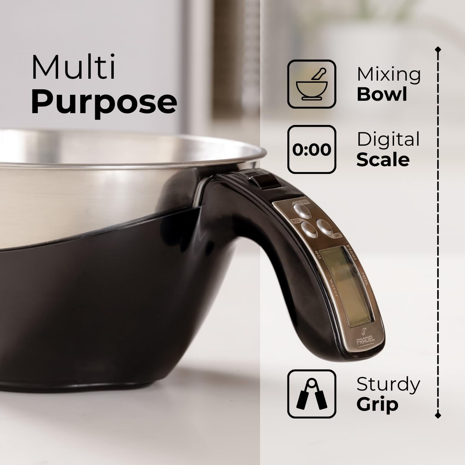 Fradel Digital Kitchen Food Scale With Bowl - 11Lb, Grams & Ounces - Removable, Dishwasher-Safe Mixing Bowl - Black