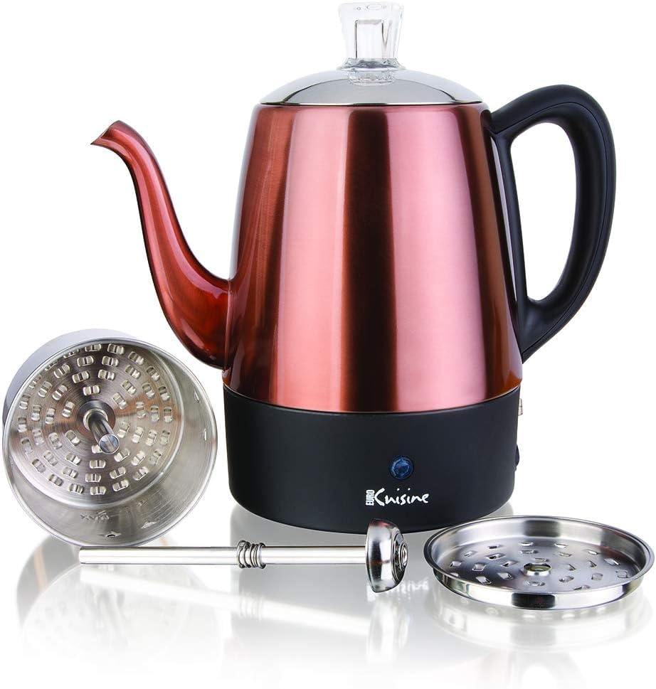 Euro Cuisine PER04 Electric Coffee Percolator, 4 Cup, Stainless Steel, Copper Finish, Dripless Gooseneck Spout, Keep-Warm Function