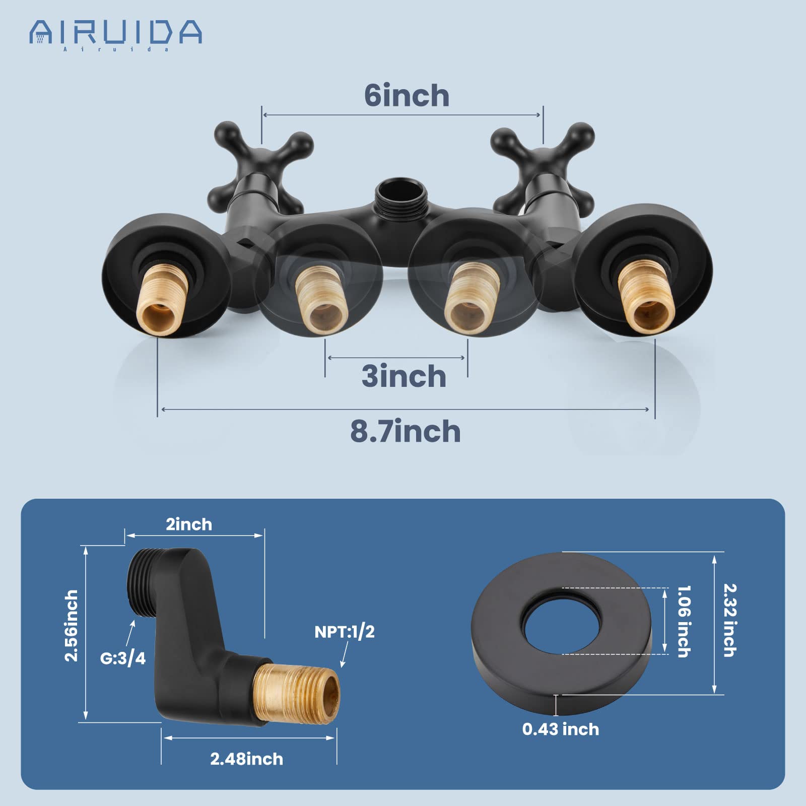 Airuida Matte Black Wall Mount Kitchen Faucet, 6 Inch(15Cm) Spout Wall Mount Laundry Sink Faucet, Adjustable Center Double Handl