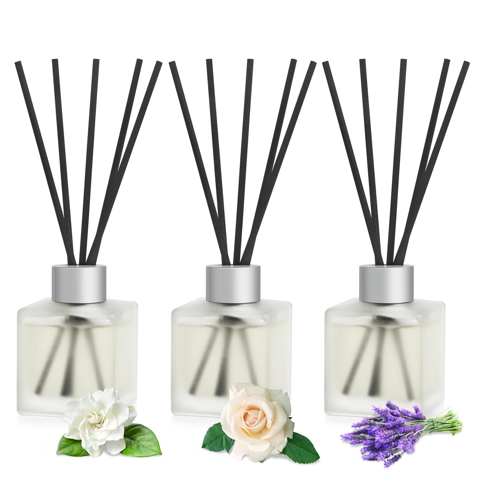 Aeeteek 3-Pack Reed Diffuser Set, 100ml Gardenia/Lavender/Rose Scented Oil, Flower Aroma Essential Oils with Diffuser Sticks, Lo