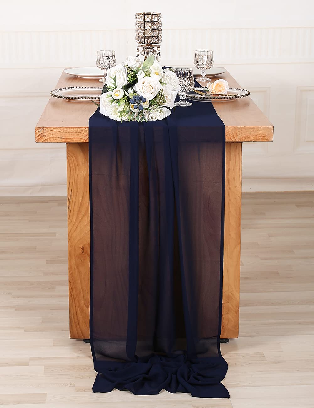 Sherway 27 X 168 Inch Navy Blue Chiffon Wedding Table Runner, Extra Long 14Ft Soft Semi Sheer Tablecloth Table Overlay, Rustic W