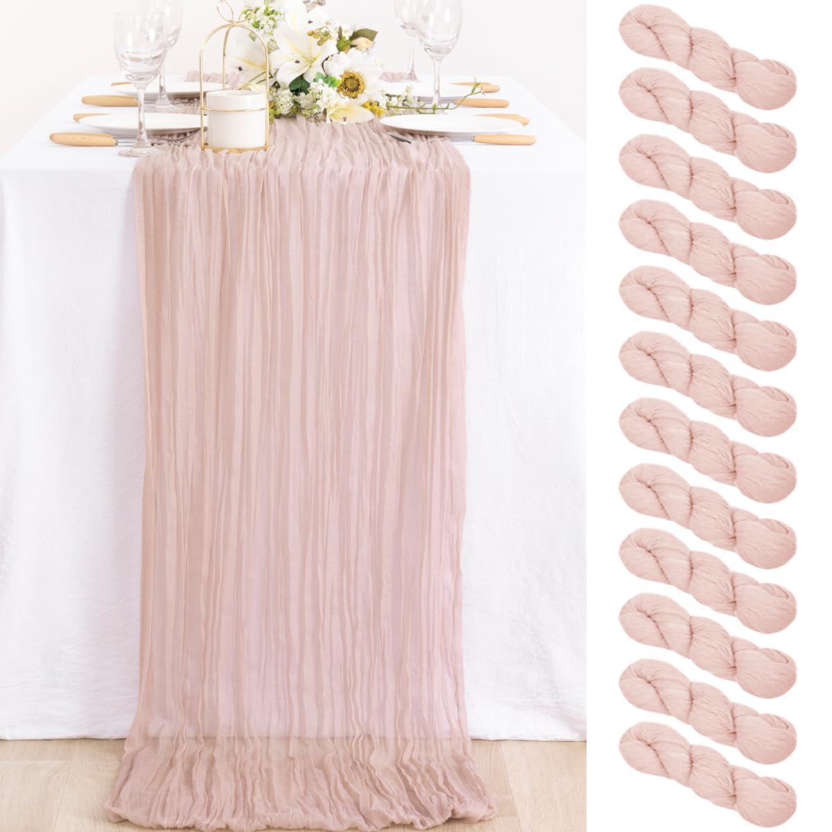 MLMC 12 Pack Dusty Pink Cheesecloth Valentines Table Runner 10ft Rustic Gauze Cheese Cloth Table Runner Bulk 35x120 Inches for R