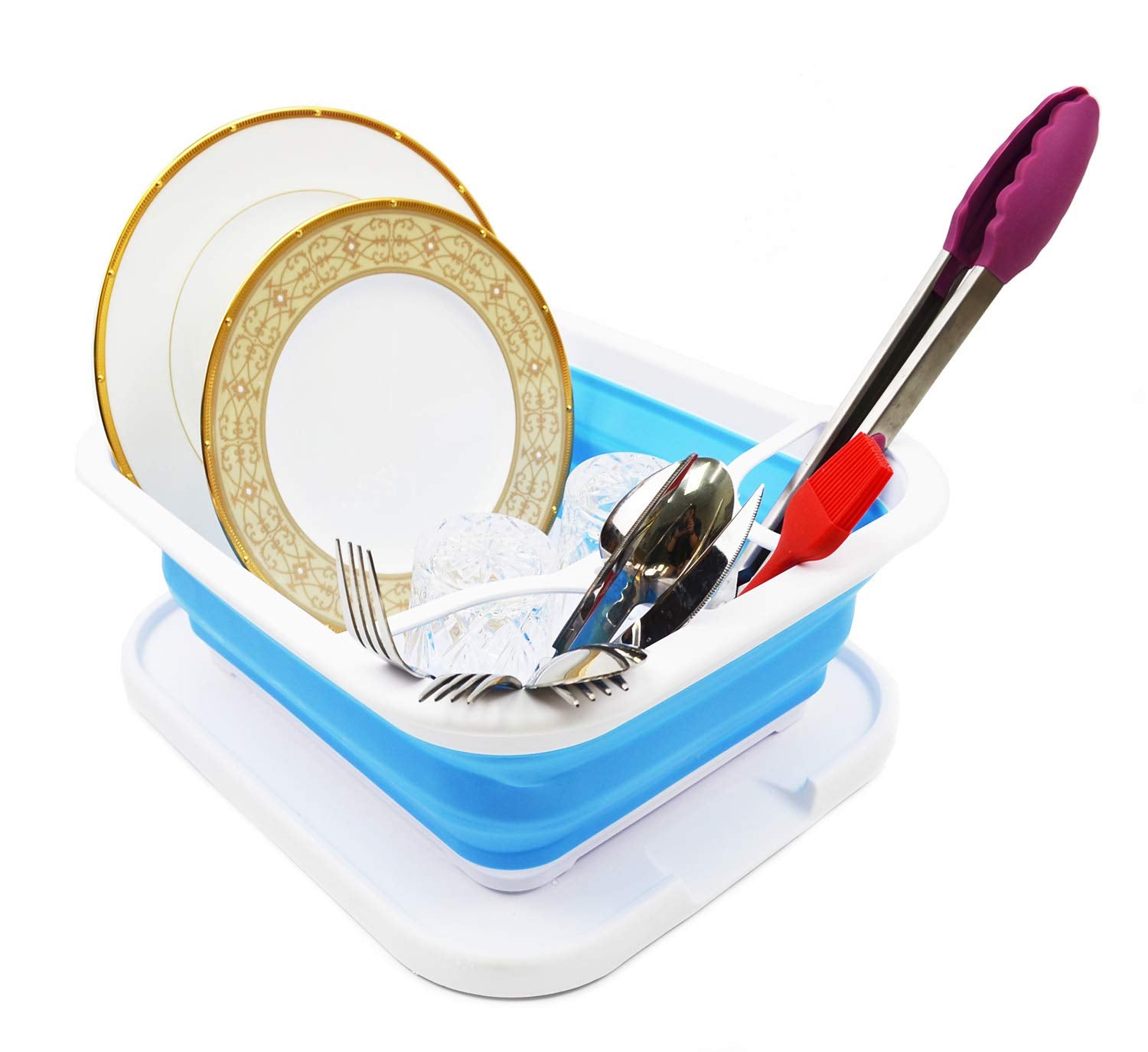 Sammart Collapsible Dish Drainer With Tray - Foldable Drying Rack Set - Portable Dinnerware Organizer - Space Saving Kitchen Sto