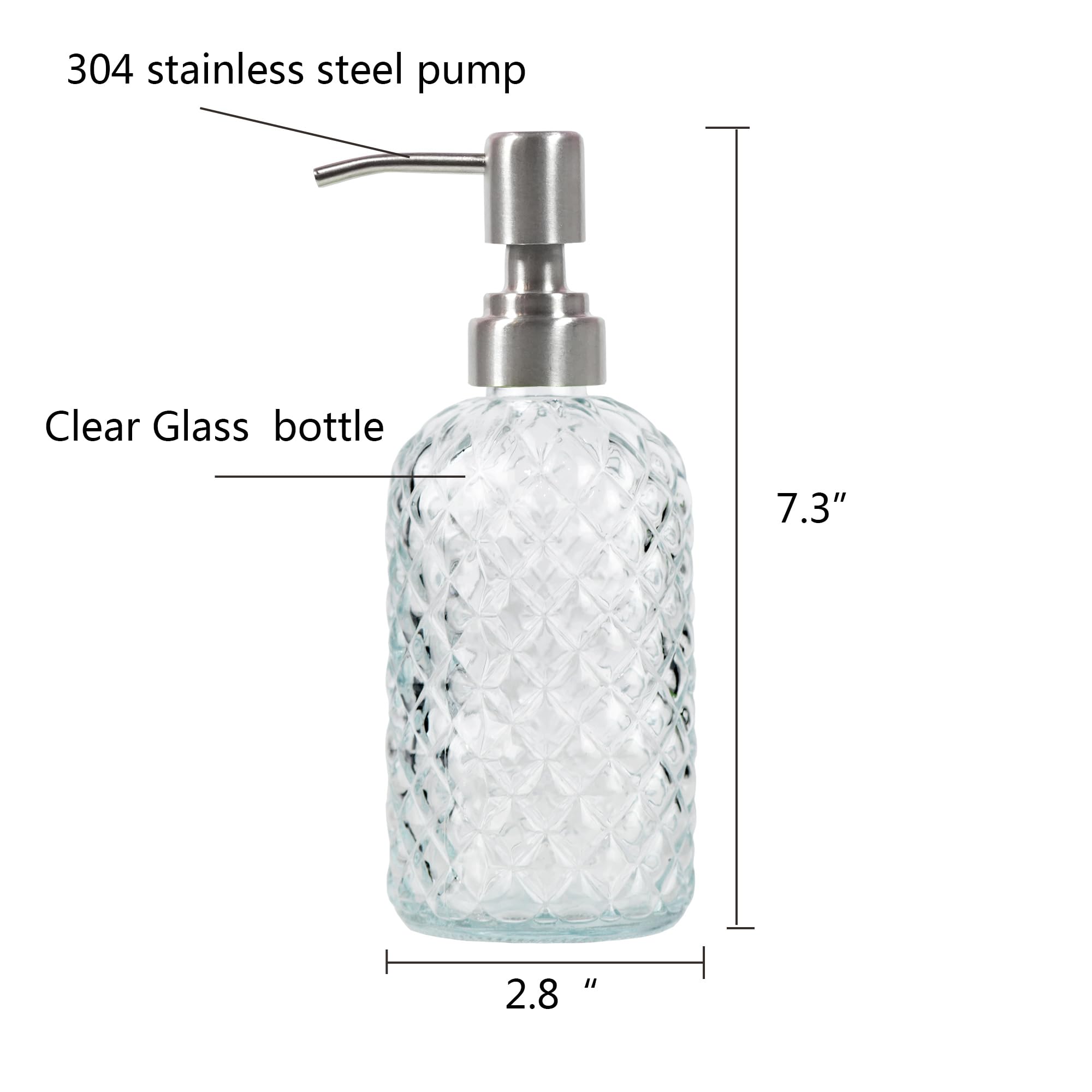 Bathroom & Kitchen Glass Hand And Dish Soap Dispenser With 304 Rustproof Stainless Steel Pump (Clear)