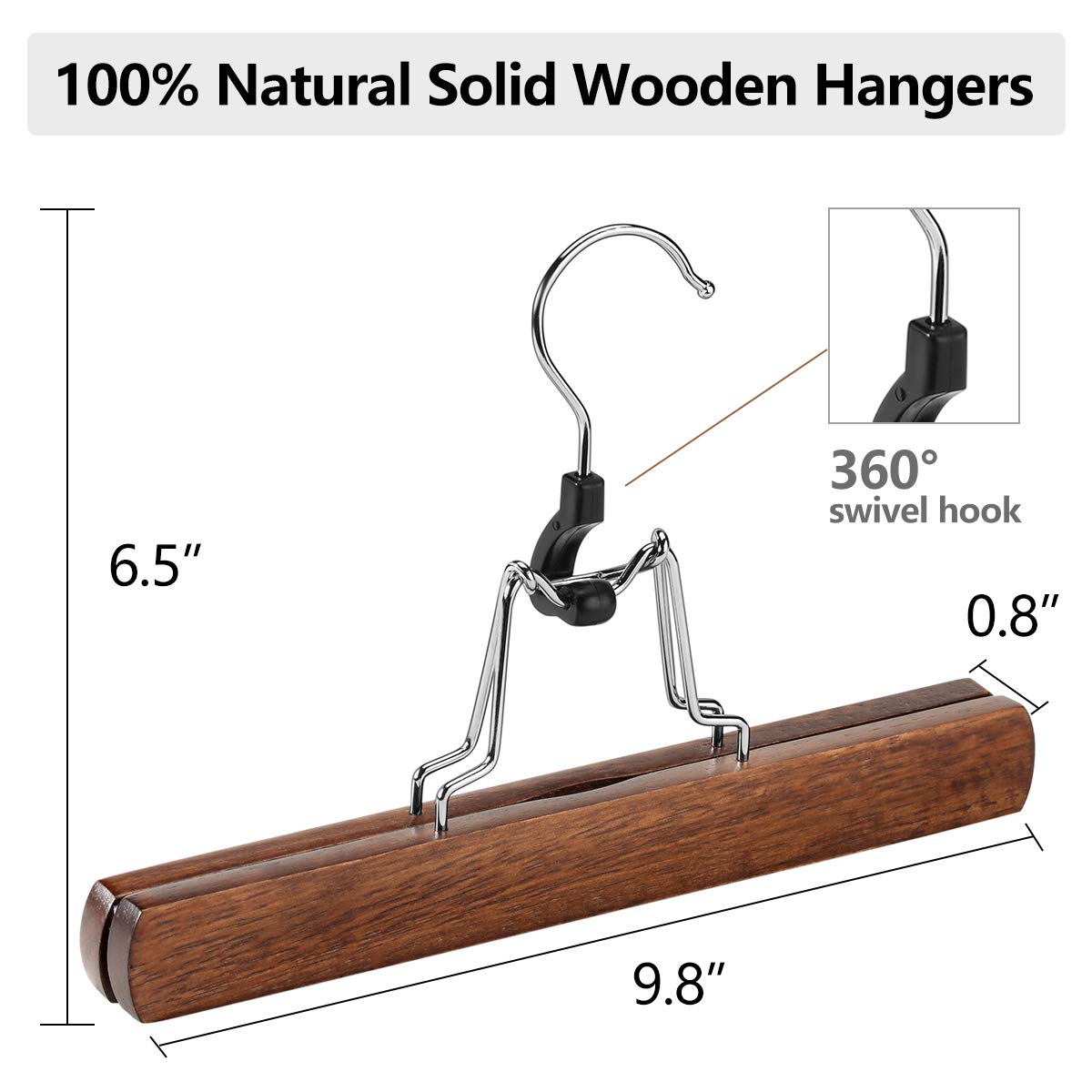 AMKUFO 12 Pack Wooden Pants Hangers with Clips Non Slip Skirt Hangers Walnut Trouser Clamp Hanger Solid Wood Hanger with 360? Swivel Hook