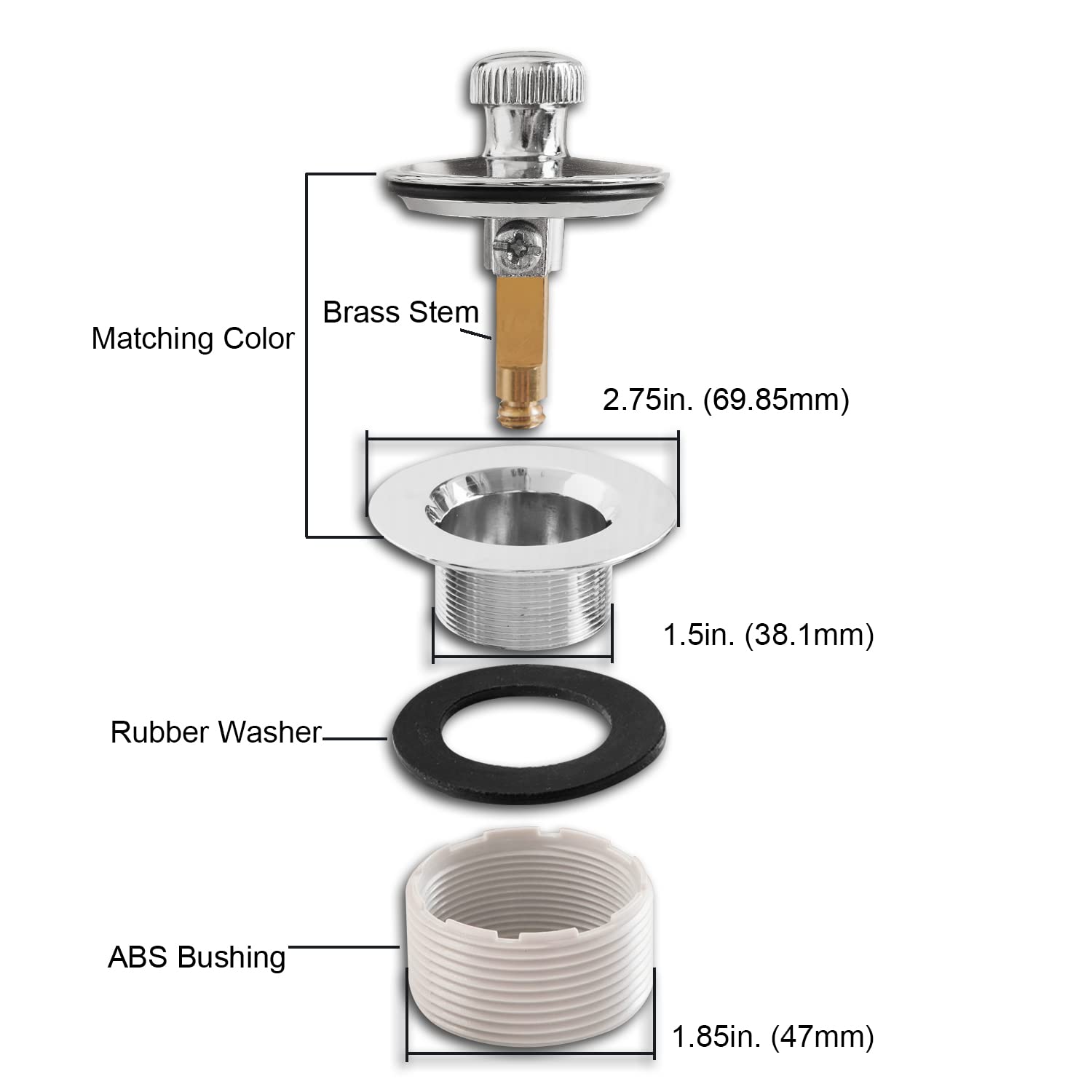 Calcmetal Lift And Turn Bathtub Drain Stopper With Abs Plastic Bushing, Fits In 1-1/2 Inch Or 1-3/8 Inch Inner Bathtub Shoe, Eas