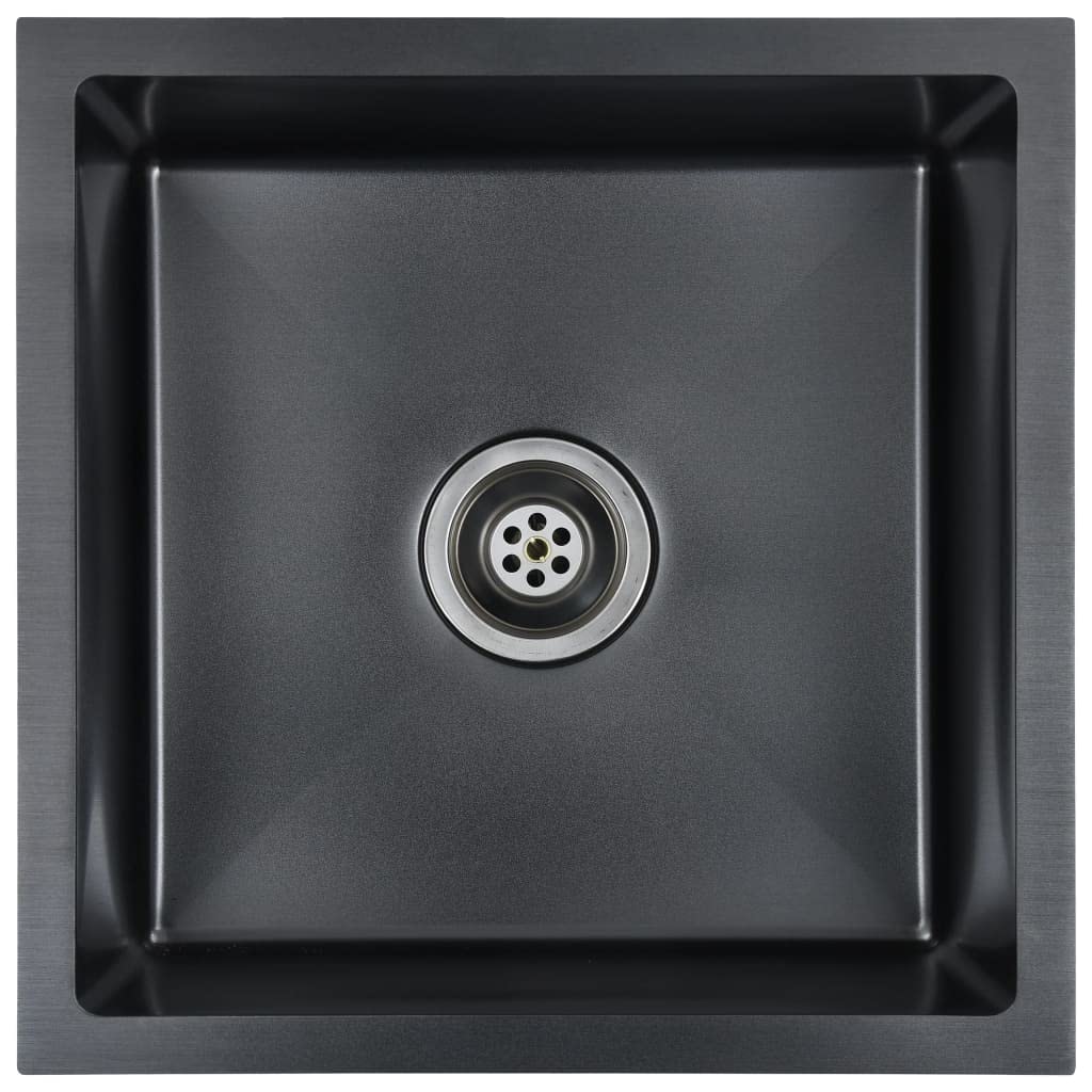 vidaXL Black Stainless Steel Handmade Kitchen Sink with Satin Finish, Square Bowl, XFlume Design, and SoundReduction Pads, 17.