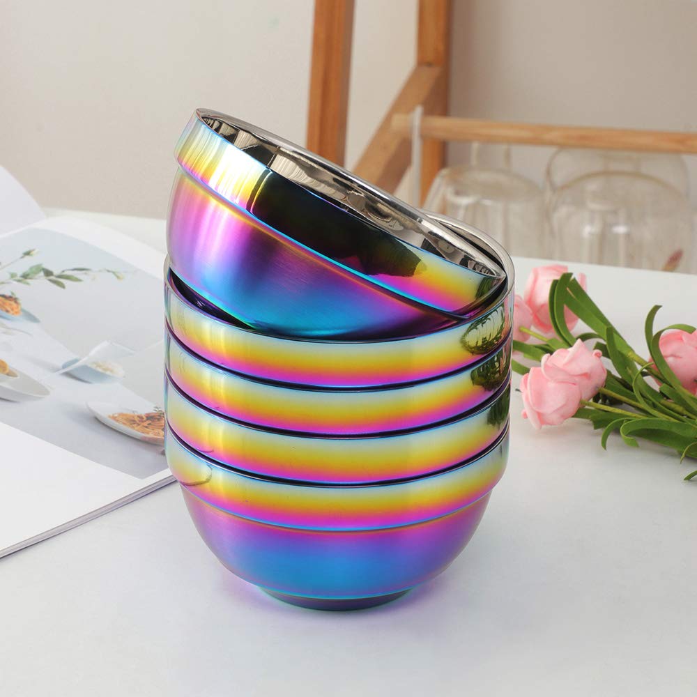 Large Rainbow 304 Stainless Steel Bowl Set Of 4, Double-Walled Heat Insulation Anti-Scalding Kitchen Soup Bowls, Drop Resistance