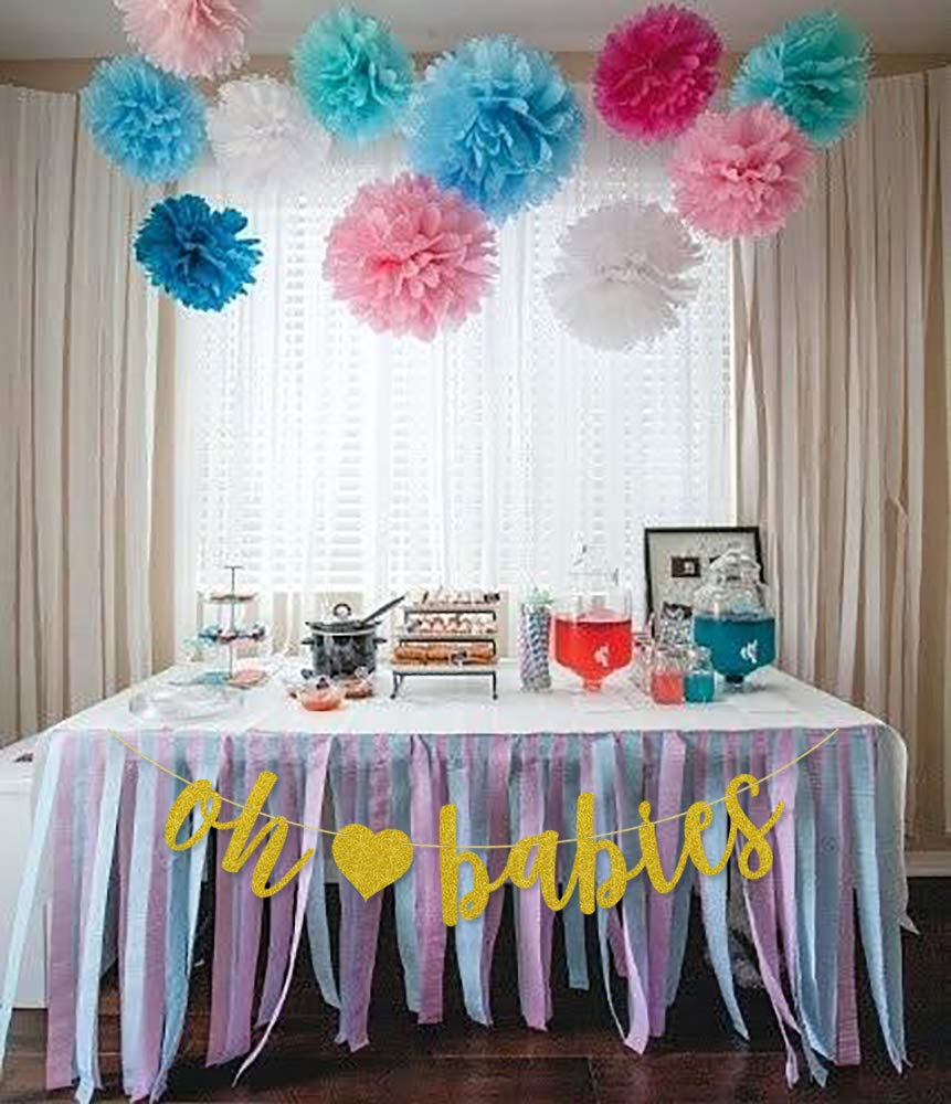 Oh Babies Banner Gold Glitter Pre-Strung For Twins Baby Shower Gender Reveal Party Decorations