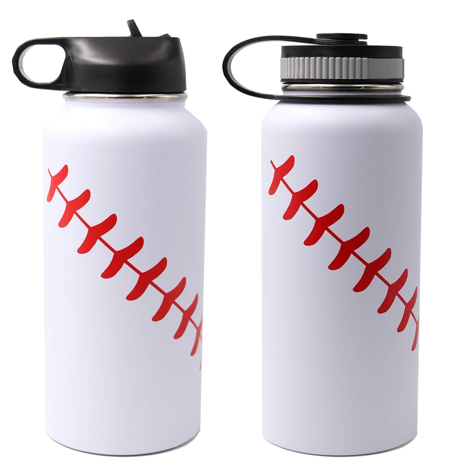 32 Oz Baseball Water Bottle, Wide Mouth Sports Flask Metal Travel Tumbler With 2 Lids 18/8 Stainless Steel Double Wall Vacuum In