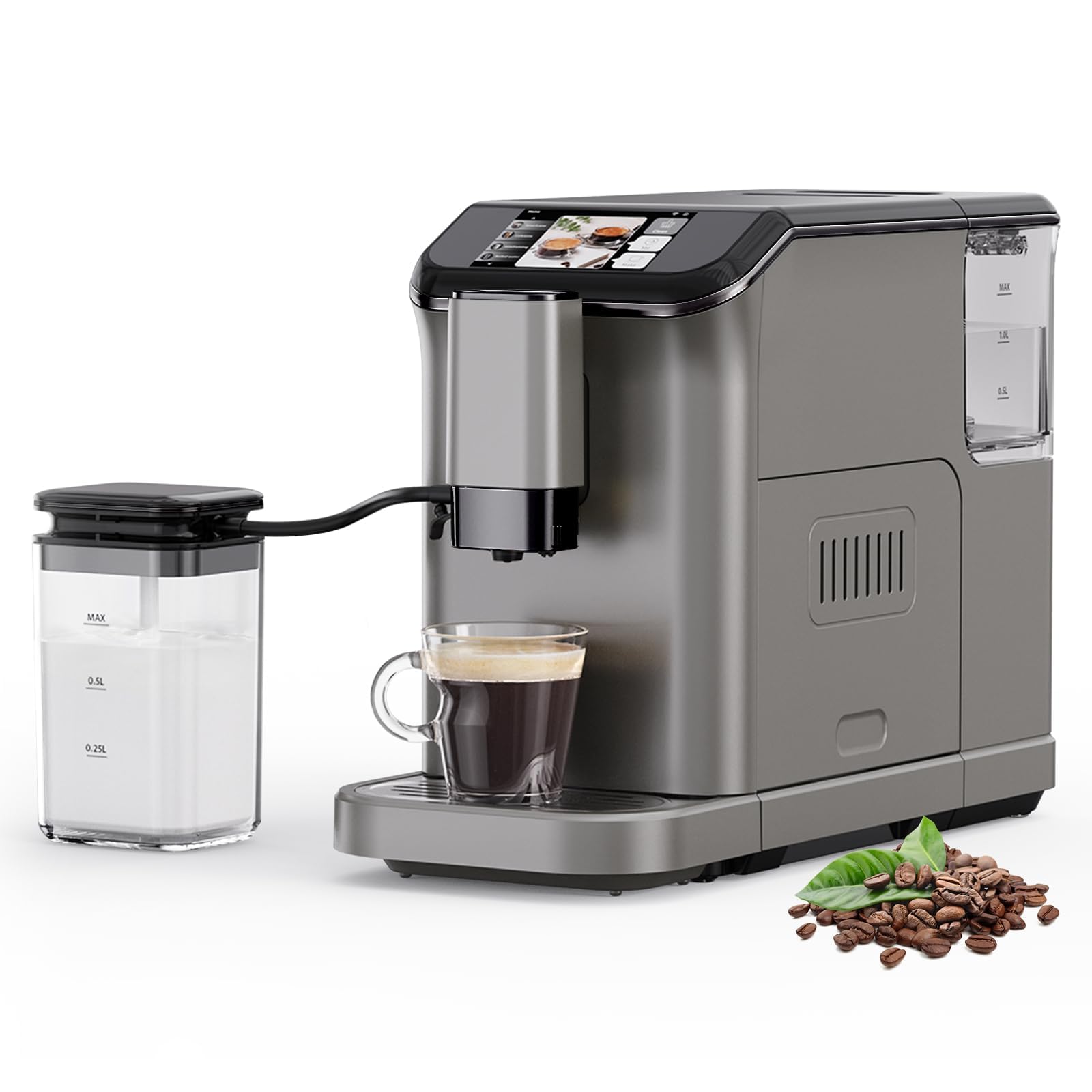 Garvee Fully Automatic Espresso Machine with Built-In Grinder and Milk Frother, 4-Beverage Cappuccino and Latte Maker with Intui