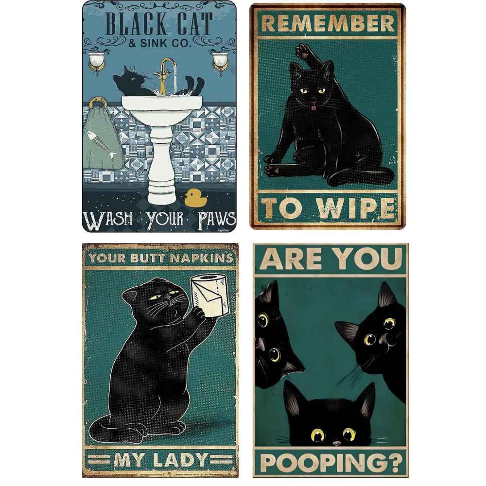 4Pc Funny Cat Metal Tin Signs Posters For Bathroom Restroom | Fun Toilet Bathrooms Wall Decor Sign Door Poster | Are You Pooping