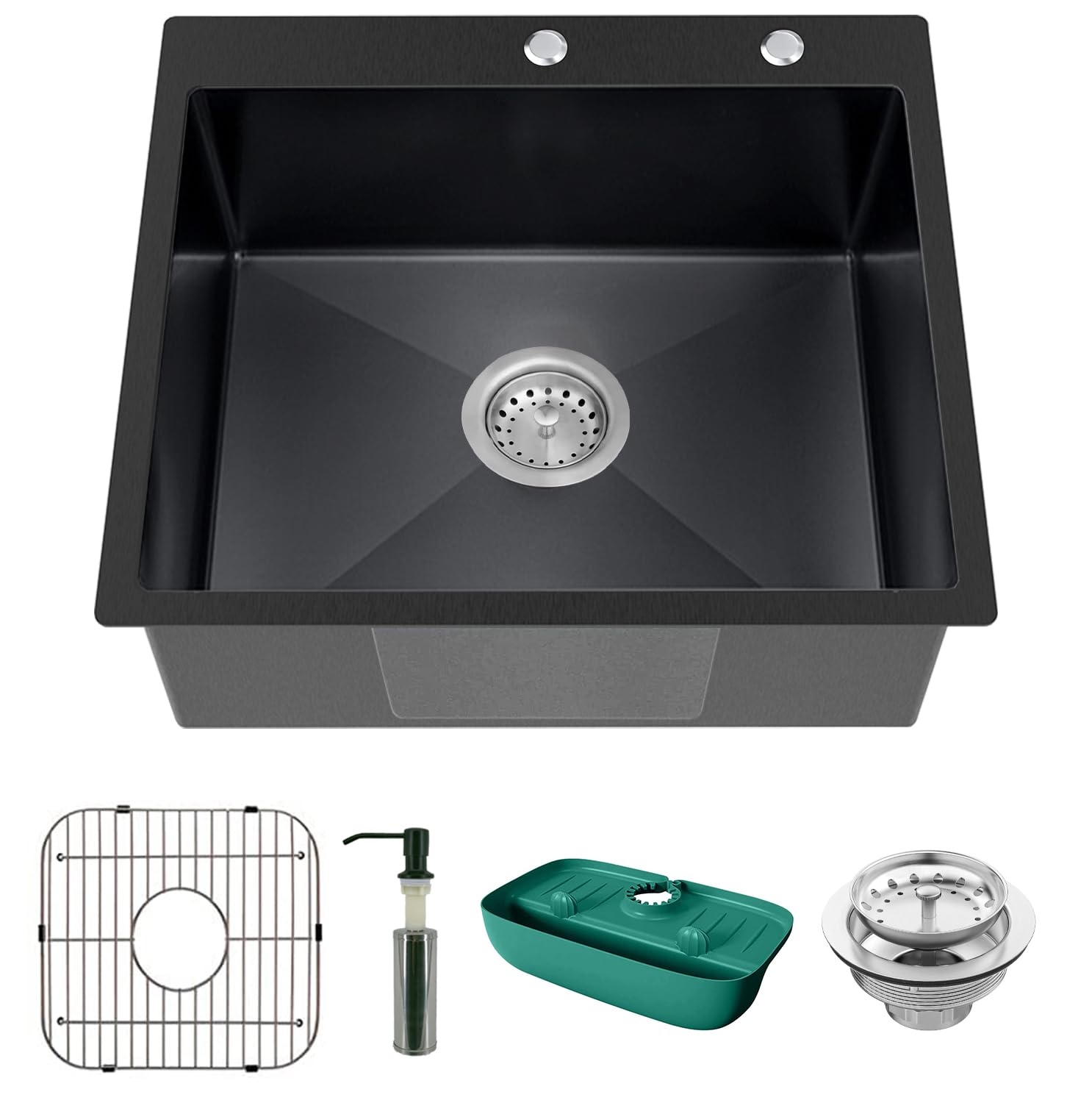 Black Kitchen Sink, Stainless Steel Topmount Bar Sink 25X22X9 Inch Single Bowl Drop In Kitchen Sink Combo-Sink Grid,Soap Dispens