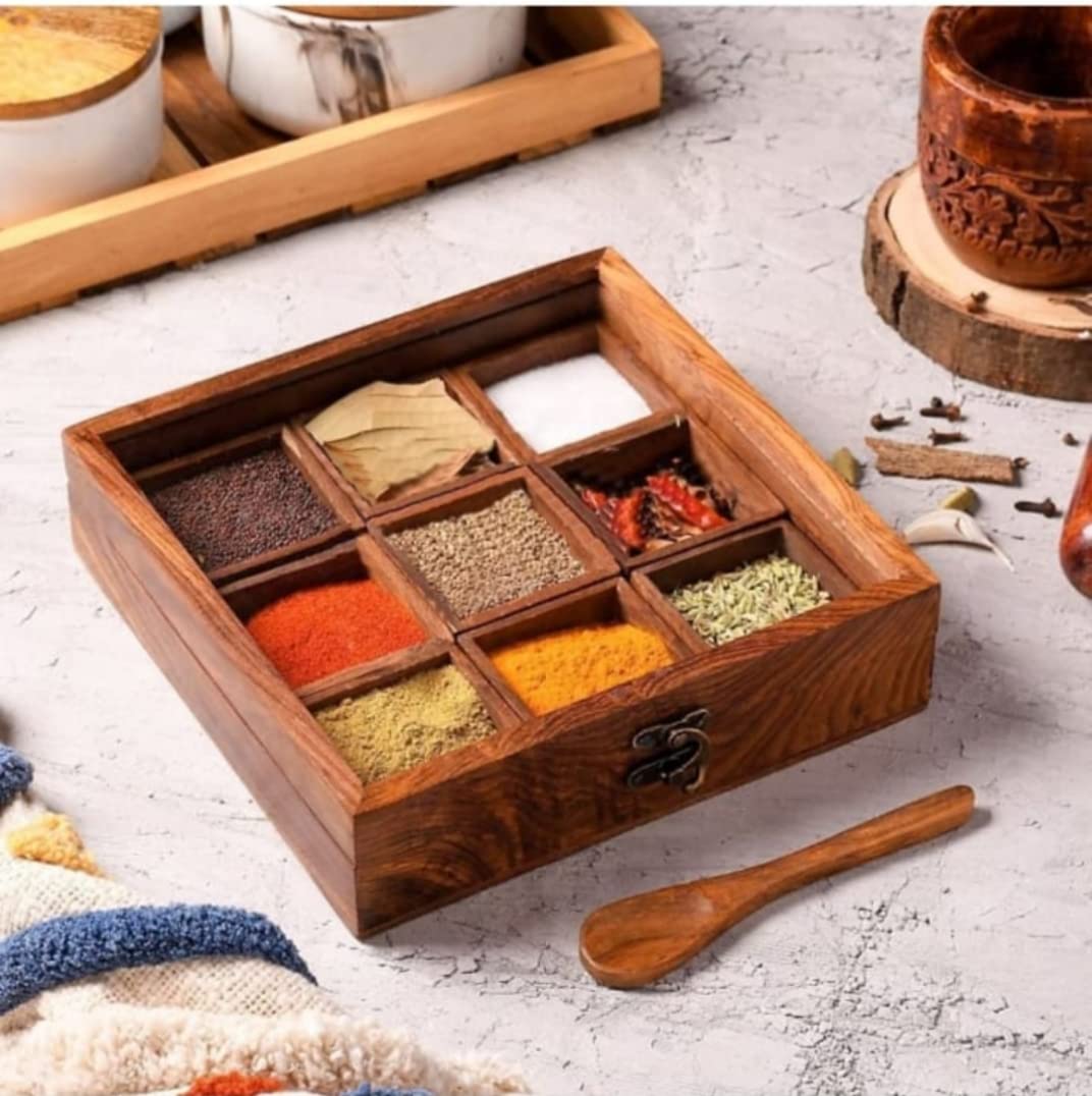 Delux Wood Carver Spice Box With SpoonSpice Box For Kitchen Indian Wood Container With Lid Decorative Masala Dabba Organizer Ha