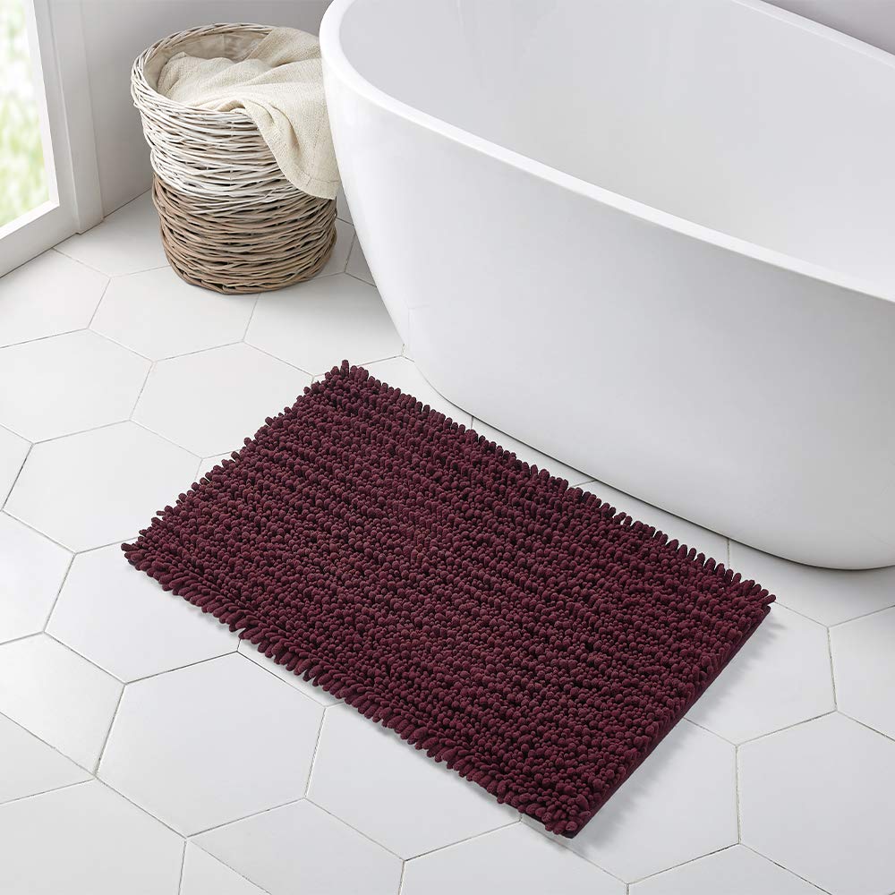 Walensee Bathroom Rug Non Slip Bath Mat (32X20 Inch Burgundy) Water Absorbent Super Soft Shaggy Chenille Machine Washable Dry Ex
