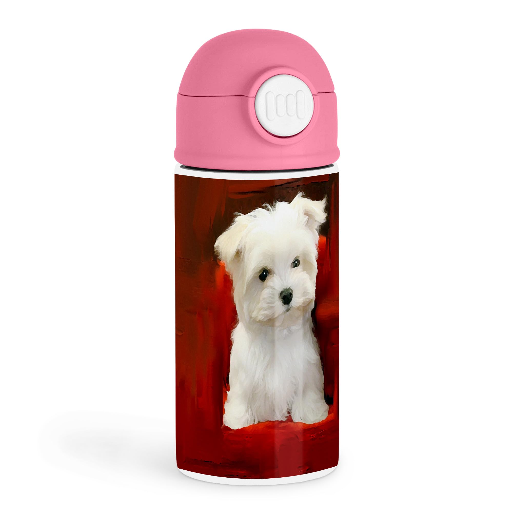 Sweet Dog Lover 12oz Kids Water Bottle  Pink Cover  Cute Maltese puppy on vibrant red background  Playdate, School Lunch