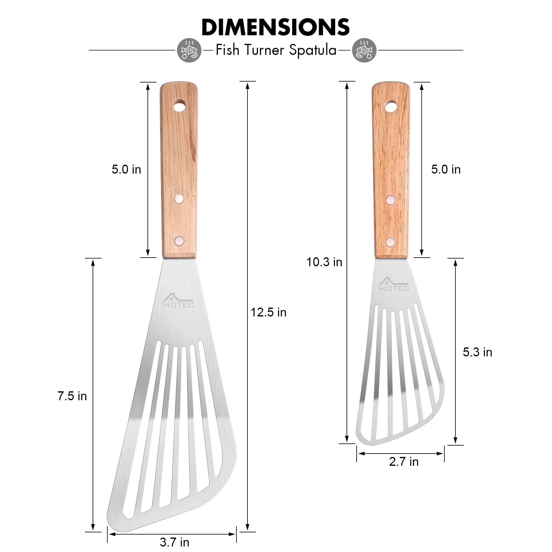 Hotec Stainless Steel Thin Slotted Fish Turner Spatula, Wooden Handle With Sloped Head Design, Durable And Lightweight, Metal Sp