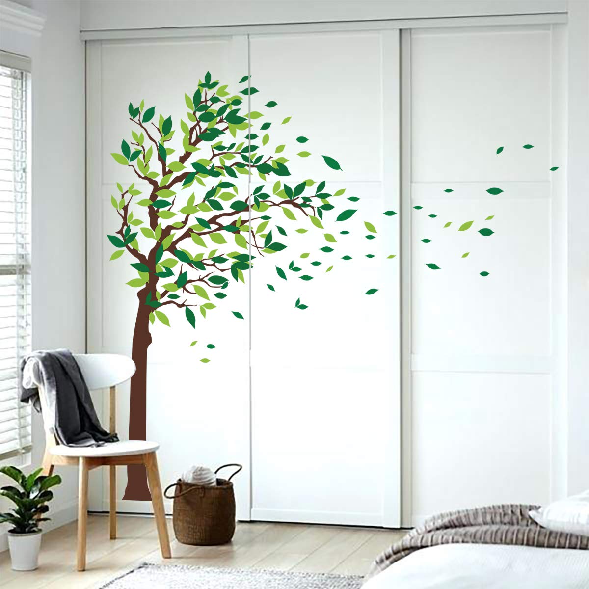 Decalmile Green Tree Wall Stickers Flying Leaves Wall Decals For Home Living Room Bedroom Sofa Backdrop Tv Wall Decoration (Xl,