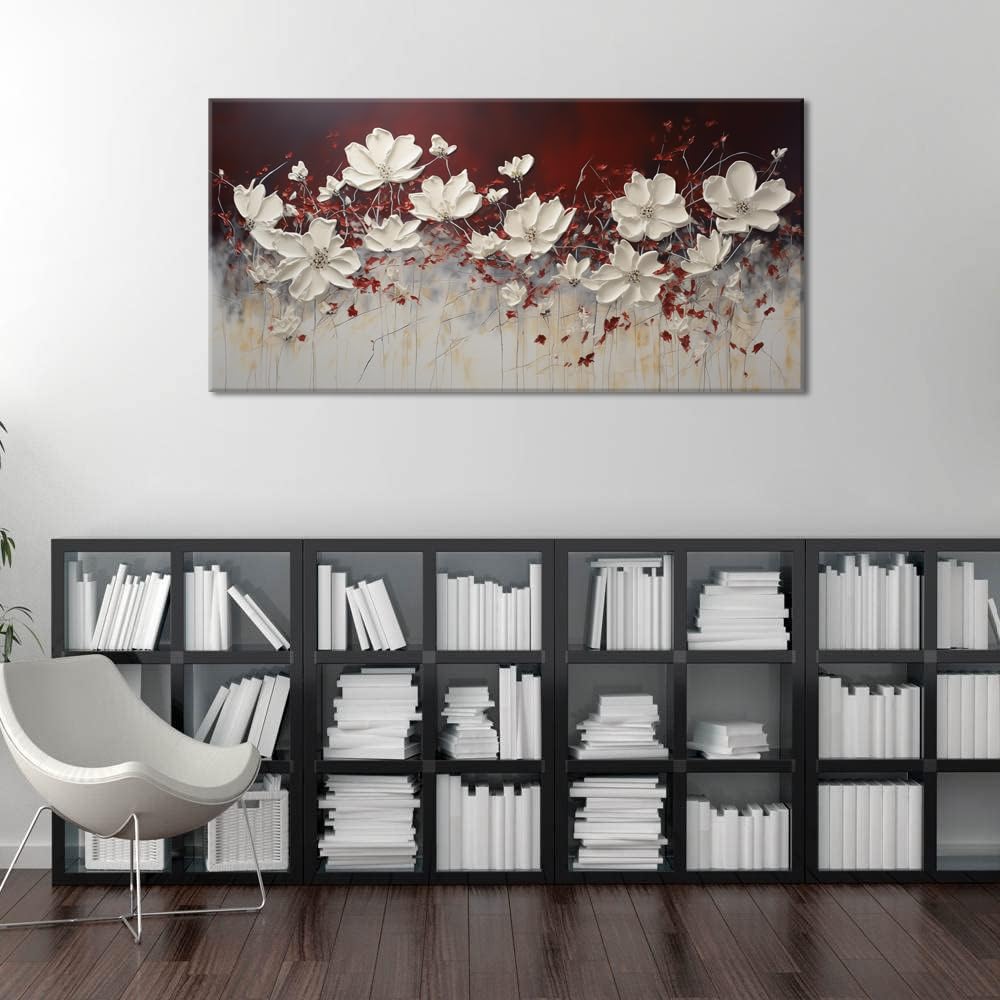 Lasdel Stretched Canvas Wall Art Of White Flowers Plant Picture For Living Room Bedroom Home Decoration, Beautiful White And Red