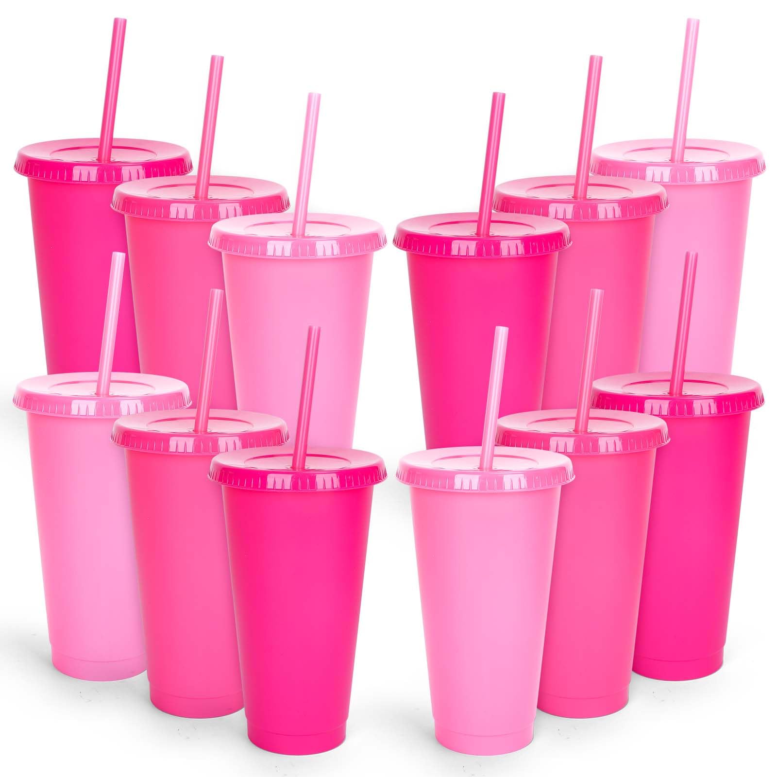 Whaline 12Pcs Hot Pink Plastic Cups with Flat Lids Straw Gradient Pink Reusable Tumbler Travel Mug Cups 3 Colors Party Drinkware