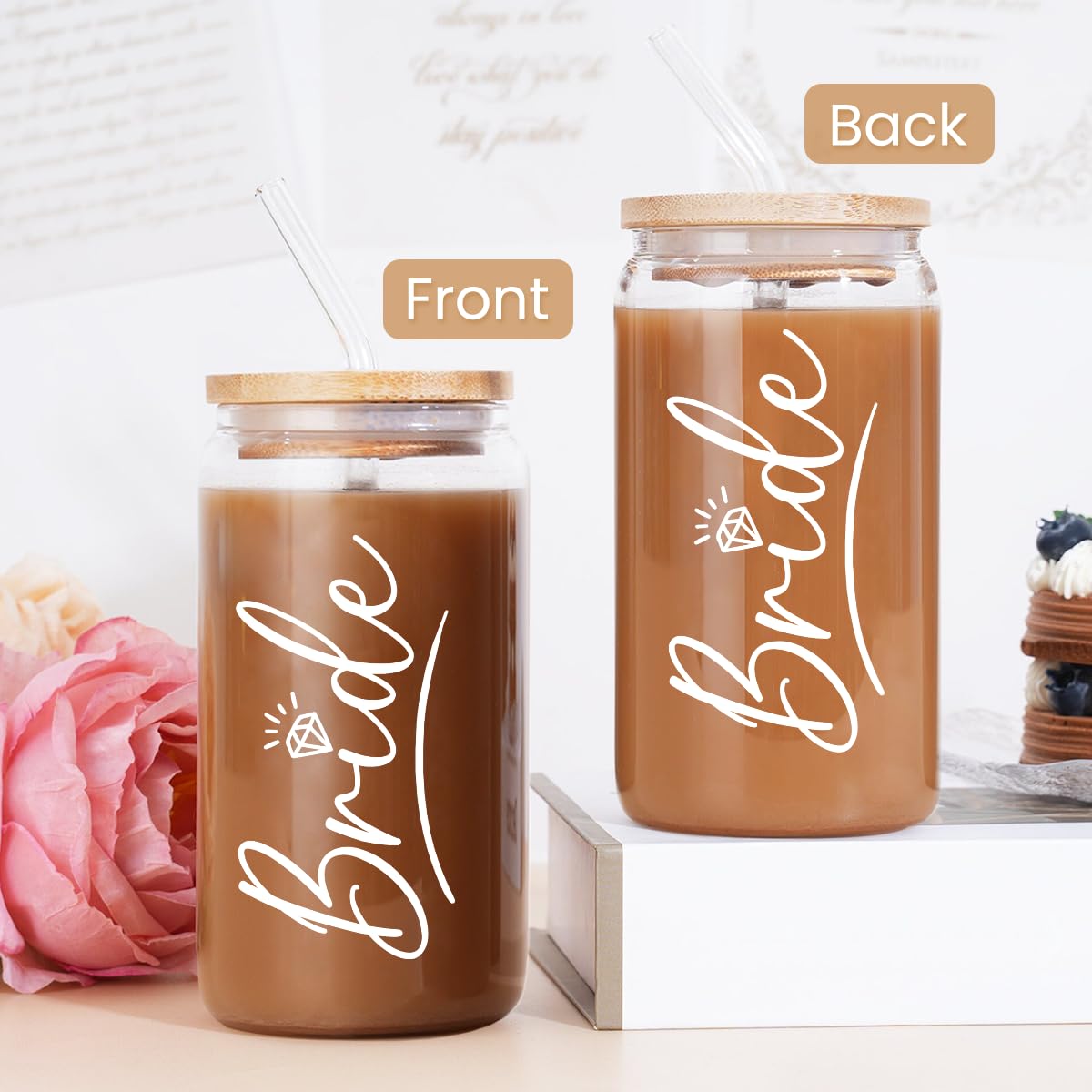 SANDJEST Bride Glass Coffee Cup 16 Oz with Bamboo Lid and Straw - Bridal Shower Gift - Engagement Gifts for Women - Bride Gifts