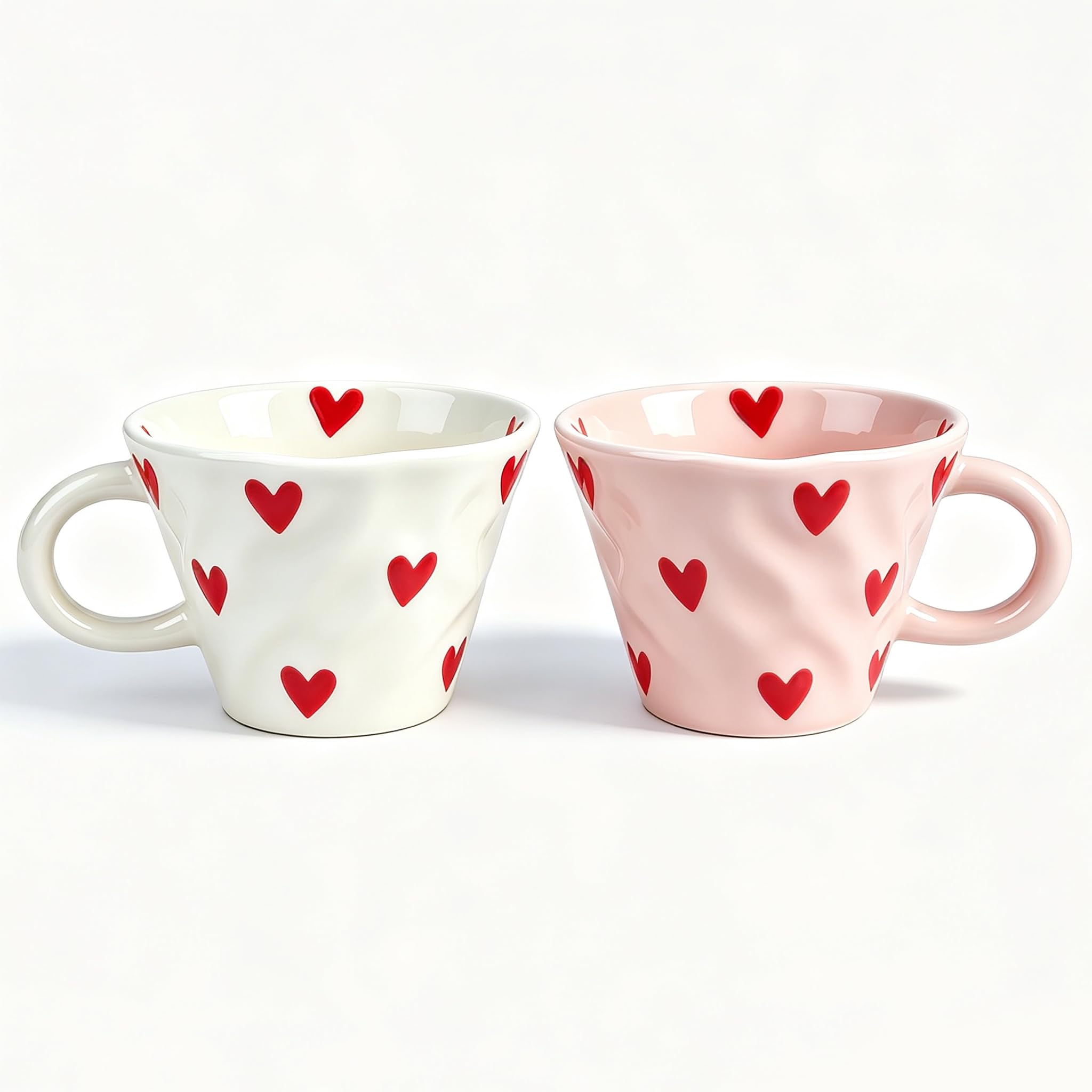 Ceramic Cappuccino Cups Set of 2, 8 oz Matching Coffee Mugs with Pink and Cream Heart Pattern, Microwave Dishwasher Safe, Cute E