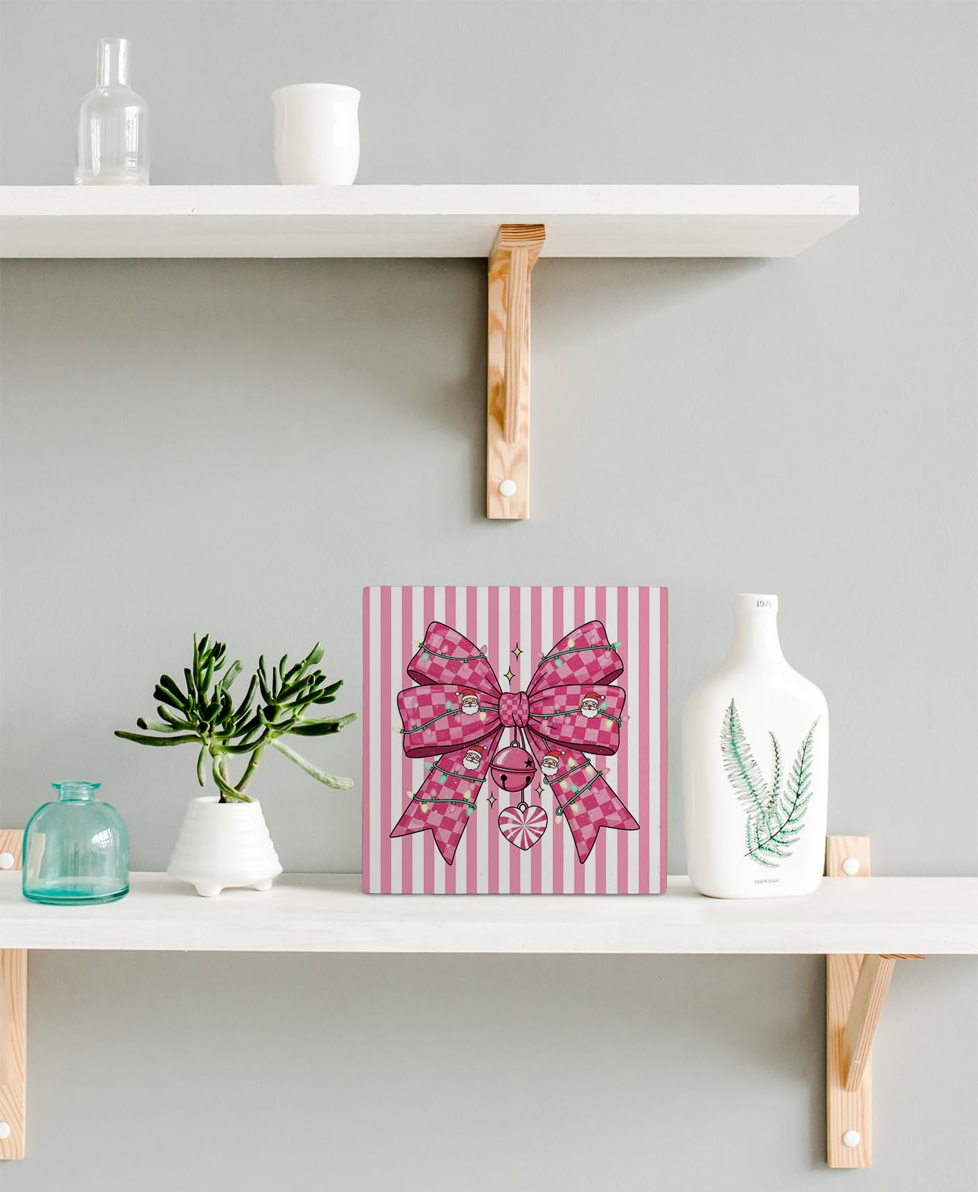 kunlisa Coquette Hot Pink Bow Christmas Wooden Sign, Preppy Christmas Decorations, Retro Girly Xmas Santa Checkered Bow Wood Box