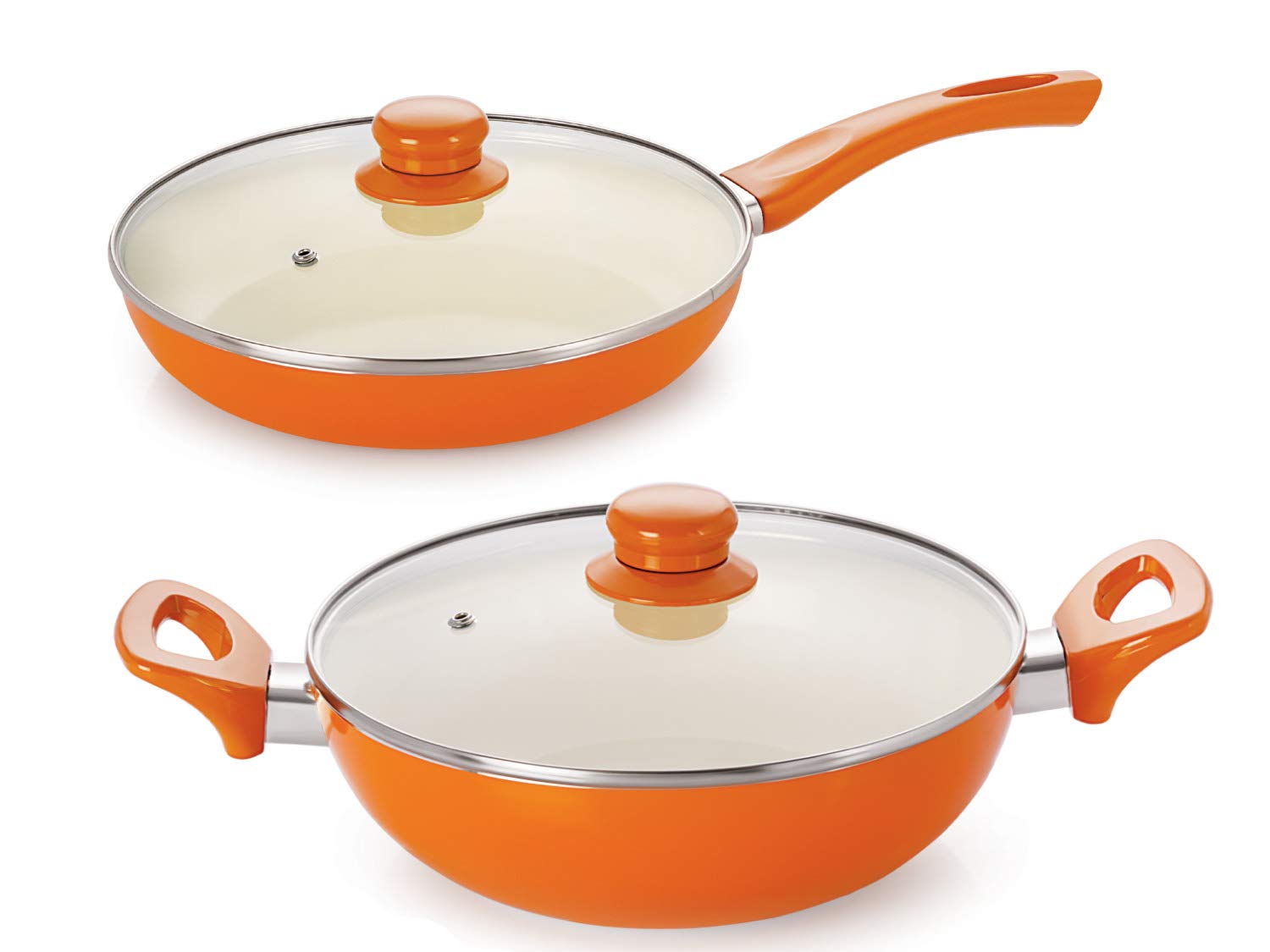 Nirlon 4 Pieces Combo Ceramic Nonstick Induction Cookware Gift Set (Frying Pan 24Cm * 4.5Cm & Deep Kadai 22 Cm * 7 Cm) Brown/Ora