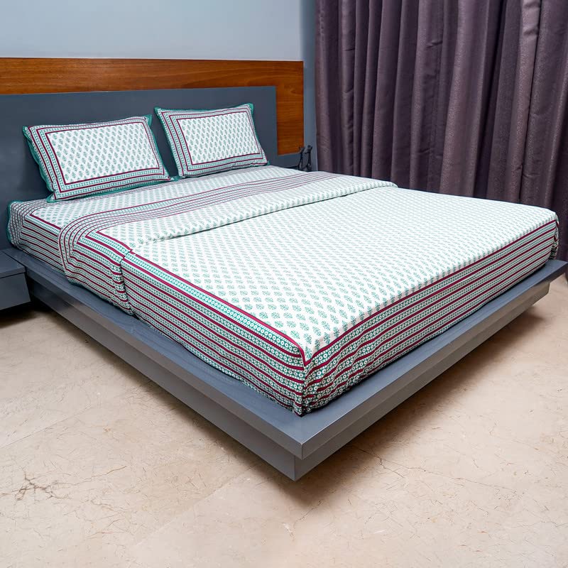Inizio Pure Cotton Queen Size Double Bed Bedsheet With 2 Pillow Covers | Motifs Prints Design Bed Linen | Lightweight, Breathabl