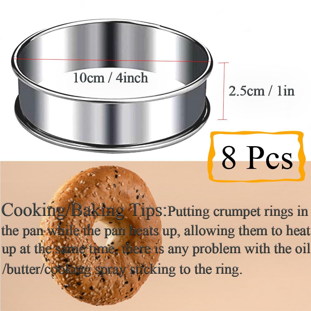 8-Pieces English Muffin Rings 4 Inch Crumpet Rings Stainless Steel Double Rolled Tart Rings Nonstick Metal Round Ring Molds For