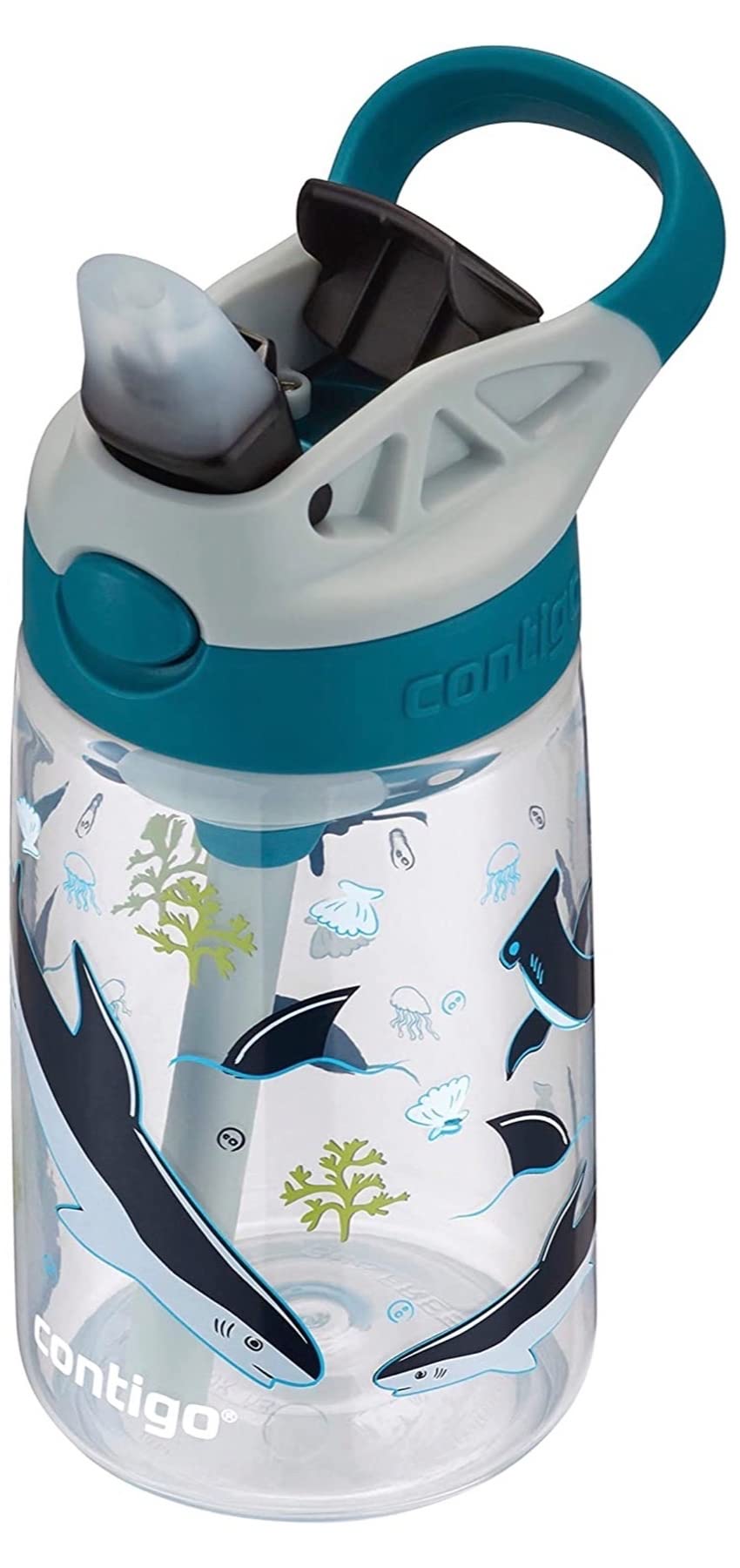 Contigo Kids Straw Water Bottle With Autospout Lid, 14Oz., White Sharks