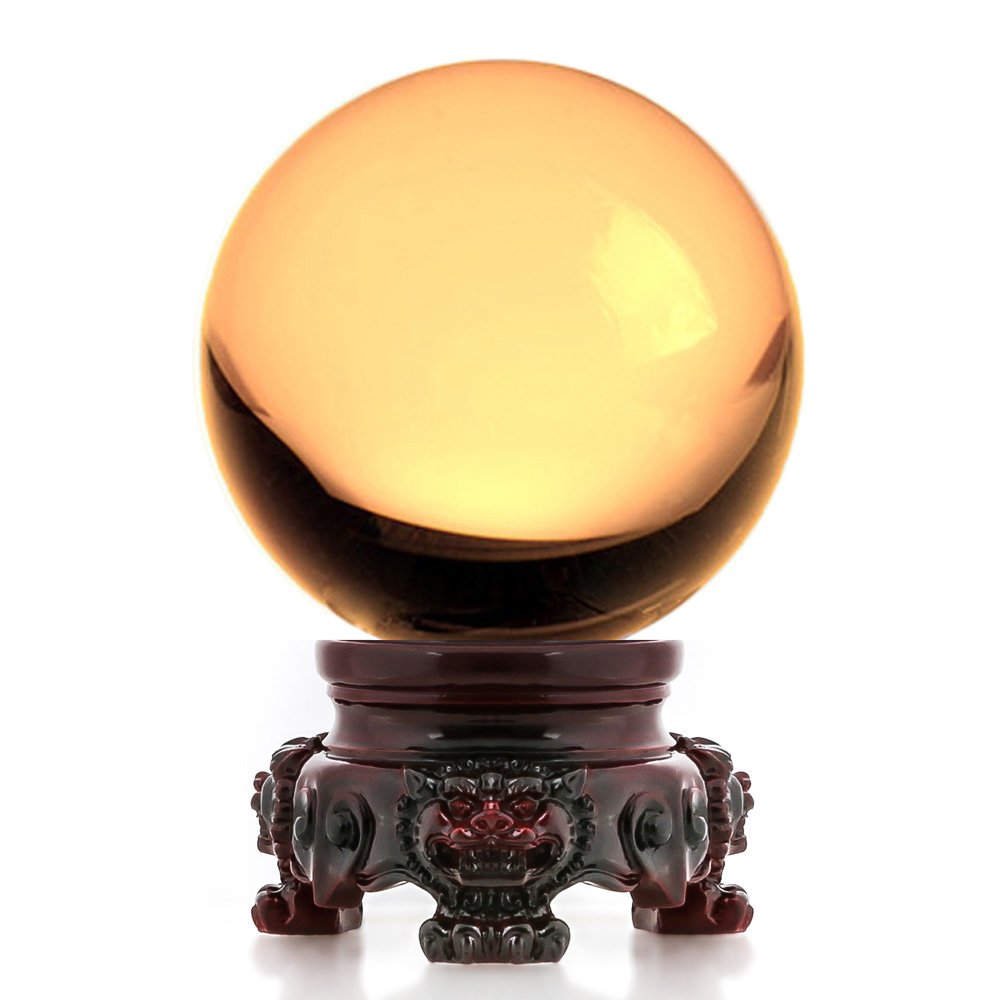 Amlong Crystal 3 inch (80mm) Yellow Crystal Ball with Redwood Lion Resin Stand and Gift Box for Decorative Ball, Lensball Photog