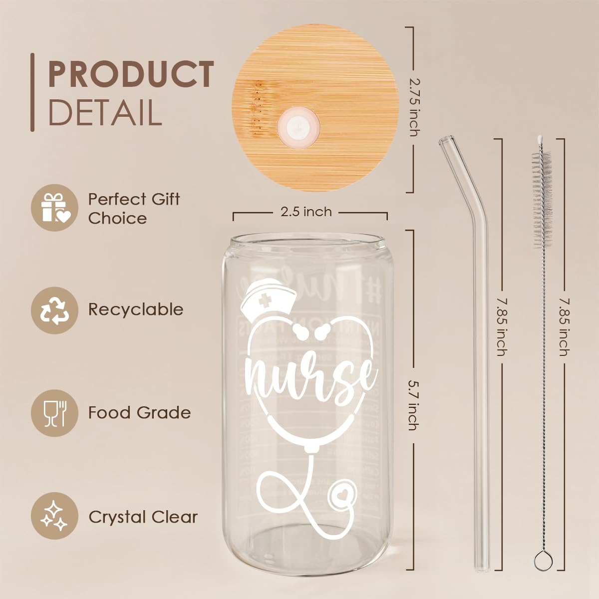 SANDJEST Nurse Glass Can, Nutrition Facts Cup with Lid & Straw, Iced Coffee Aesthetic Cups, Idea Gift for Christmas Birthday Nur