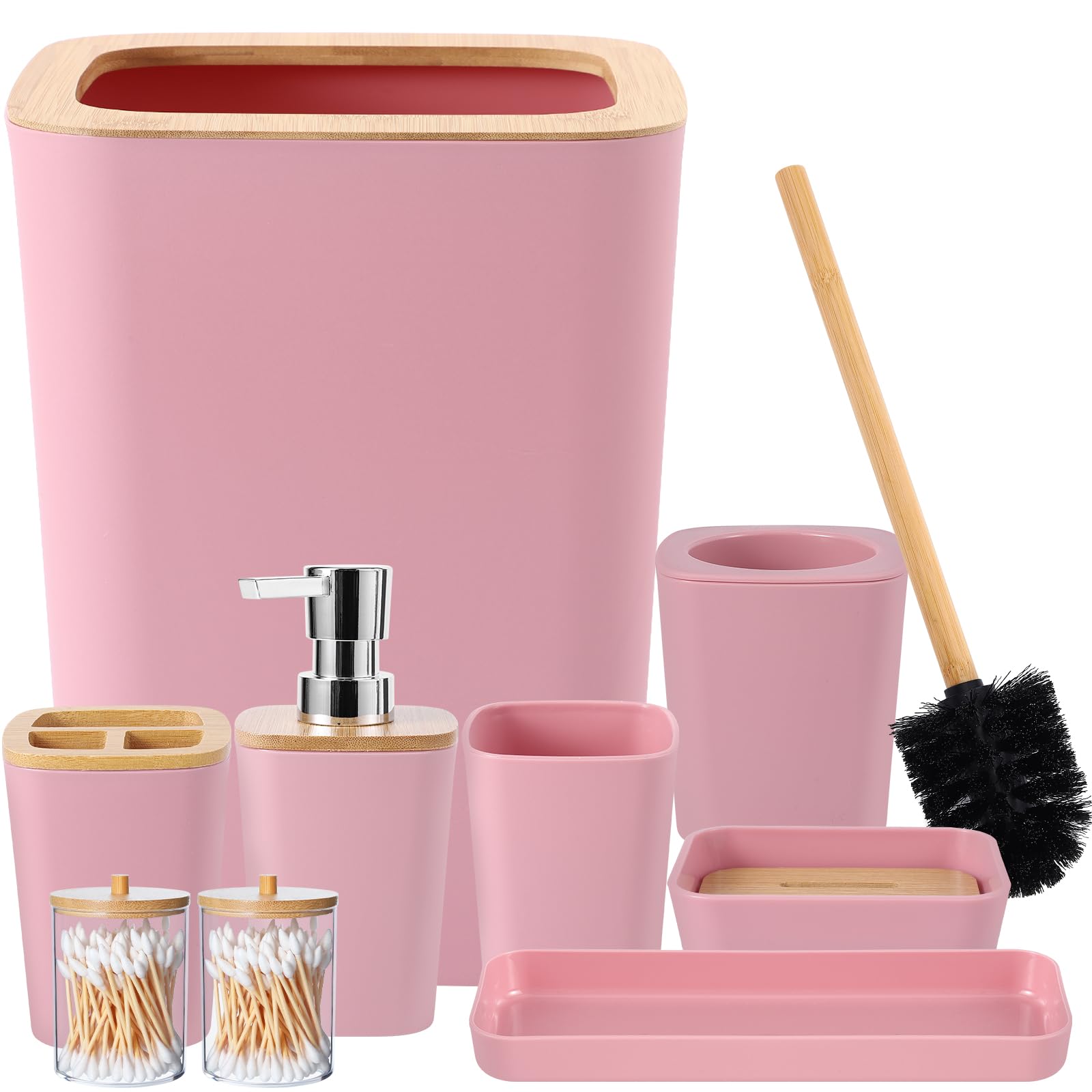 Bathroom Accessories Set, 9 Piece Pink Bathroom Decor Sets With Trash Can,Toothbrush Holder,Toothbrush Cup,Lotion Soap Dispenser