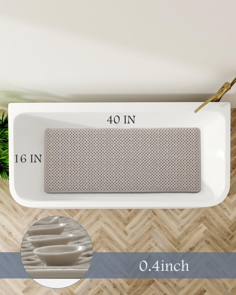 PADOOR Extra Long 40?x16? Bathtub-Mat Non Slip with Suction Cups and Drain Holes  Machine Washable Shower Mat Anti Slip Bath Mat for Tub & Shower Khaki