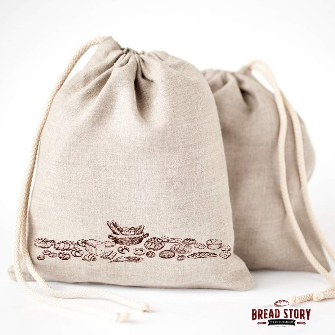 Linen Bread Bags - 2-Pack 11 X 15 Inch Ideal For Homemade Bread, Unbleached, Reusable Food Storage, Housewarming, Wedding Gift,