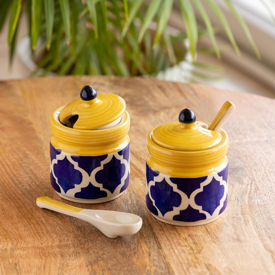 Exclusivelane Moroccan Ceramic Pickle Jars For Dining Table With Spoon & Lid (Set Of 2) | Pickle Holder Pickle Container For K