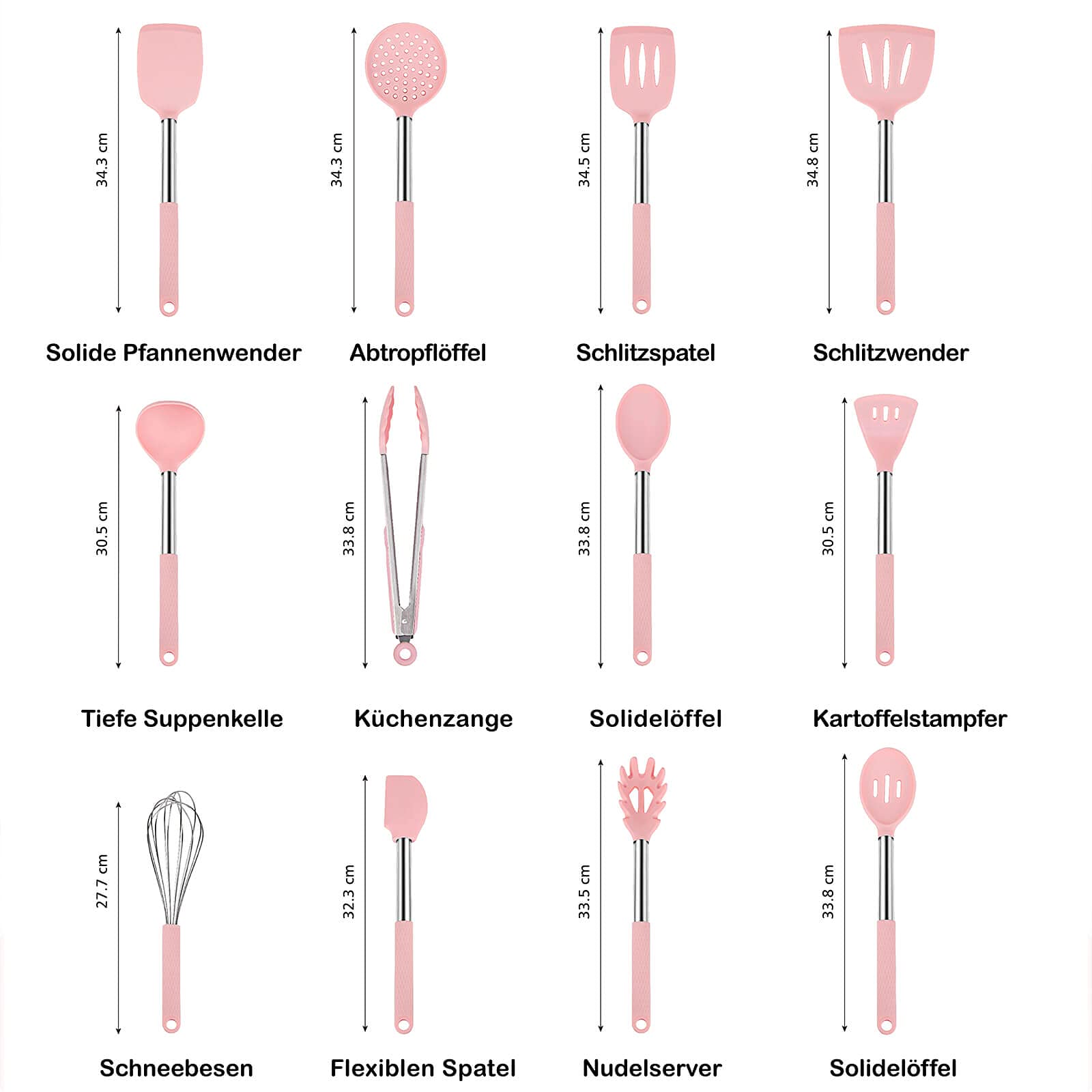 Rorence Kitchen Utensil Cooking Utensil Set for Baking Mixing: 12 Pieces Kitchen Gadgets Non-Stick & Heat Resistance Silicon and Stainless Steel Handles (Utensil Holder Not Included) - Pink