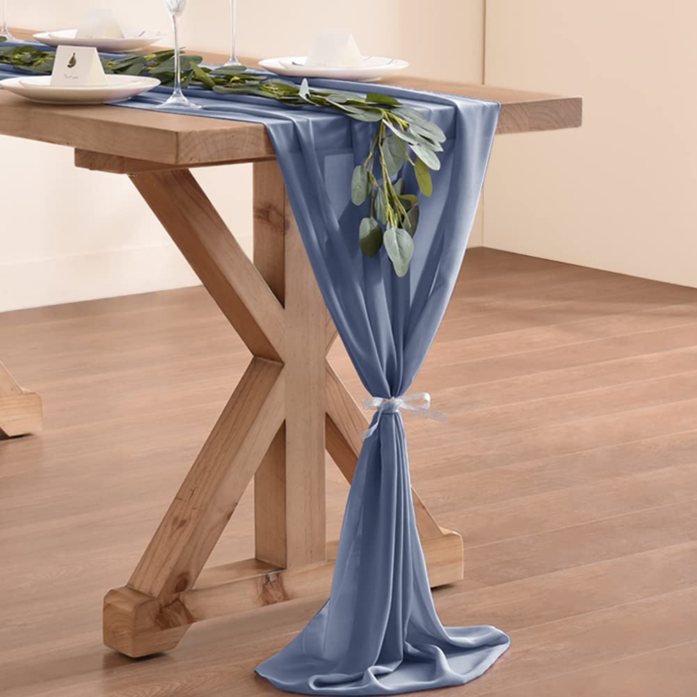 Socomi 10Ft Dusty Blue Chiffon Table Runner 29X120 Inches Wedding Runner Sheer Thanksgiving Christmas Bridal Shower Decorations