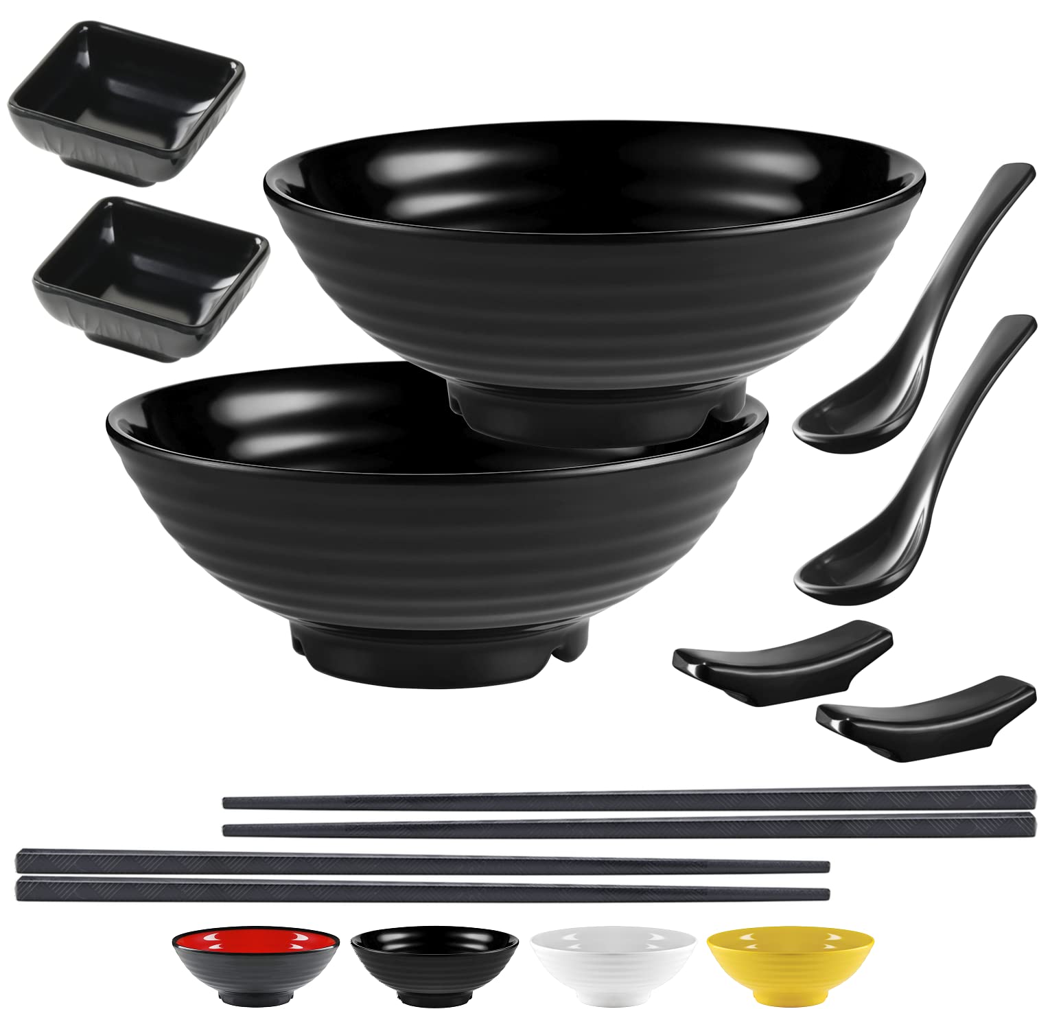 Unbreakable Ramen Bowl Set With Chopsticks And Spoon: 2 Large Japanese Style Melamine Ramen Bowls, Dipping Bowls And Chopstick S