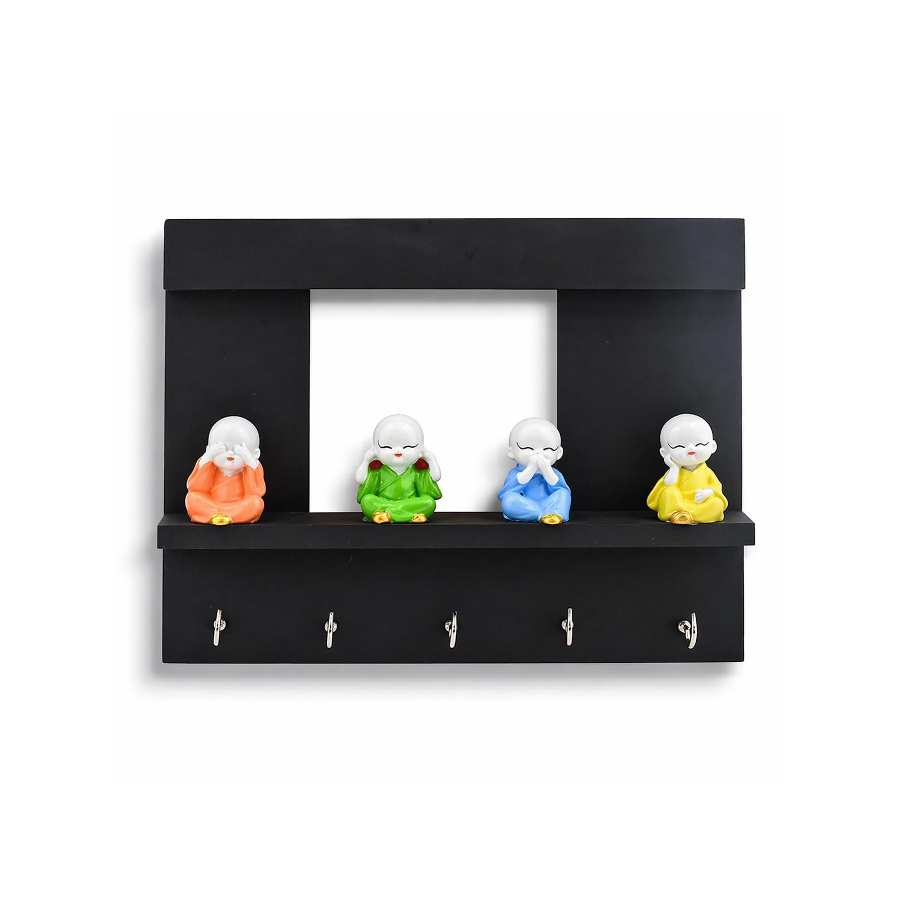 WISHKEY Wooden Wall Mounted Key Holder, Unique Buddha Monk Theme Key Organizer with 5 Hooks, Adorable Keys Holder for Home Decor