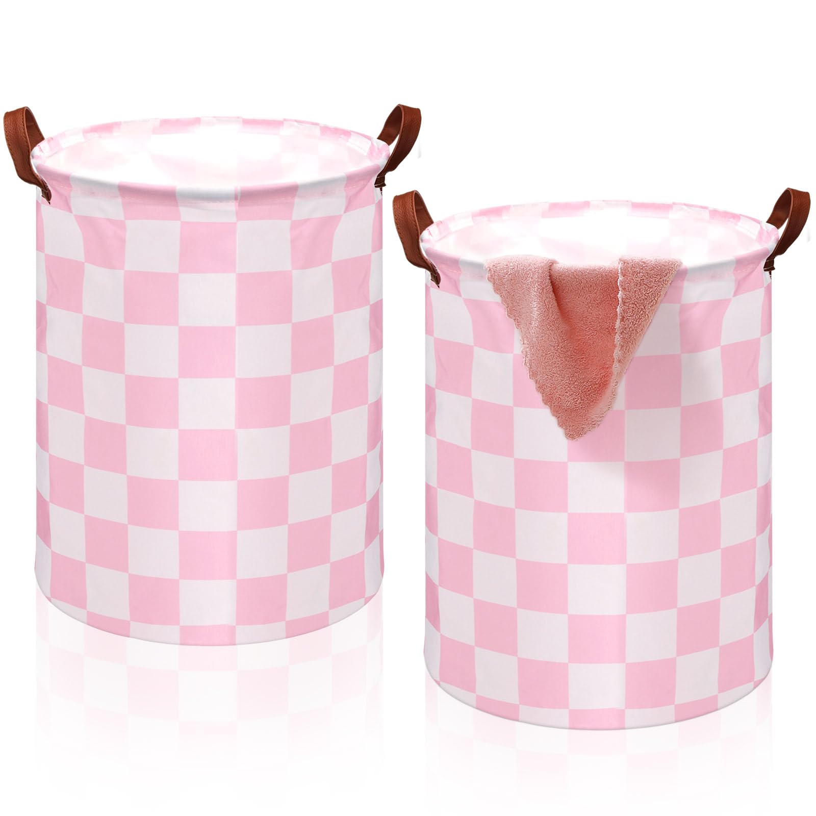 Croblissful 2 Pcs Pink Gingham Laundry Basket Checked Storage Basket For Girls Nursery Hamper With Handles Foldable Waterproof C